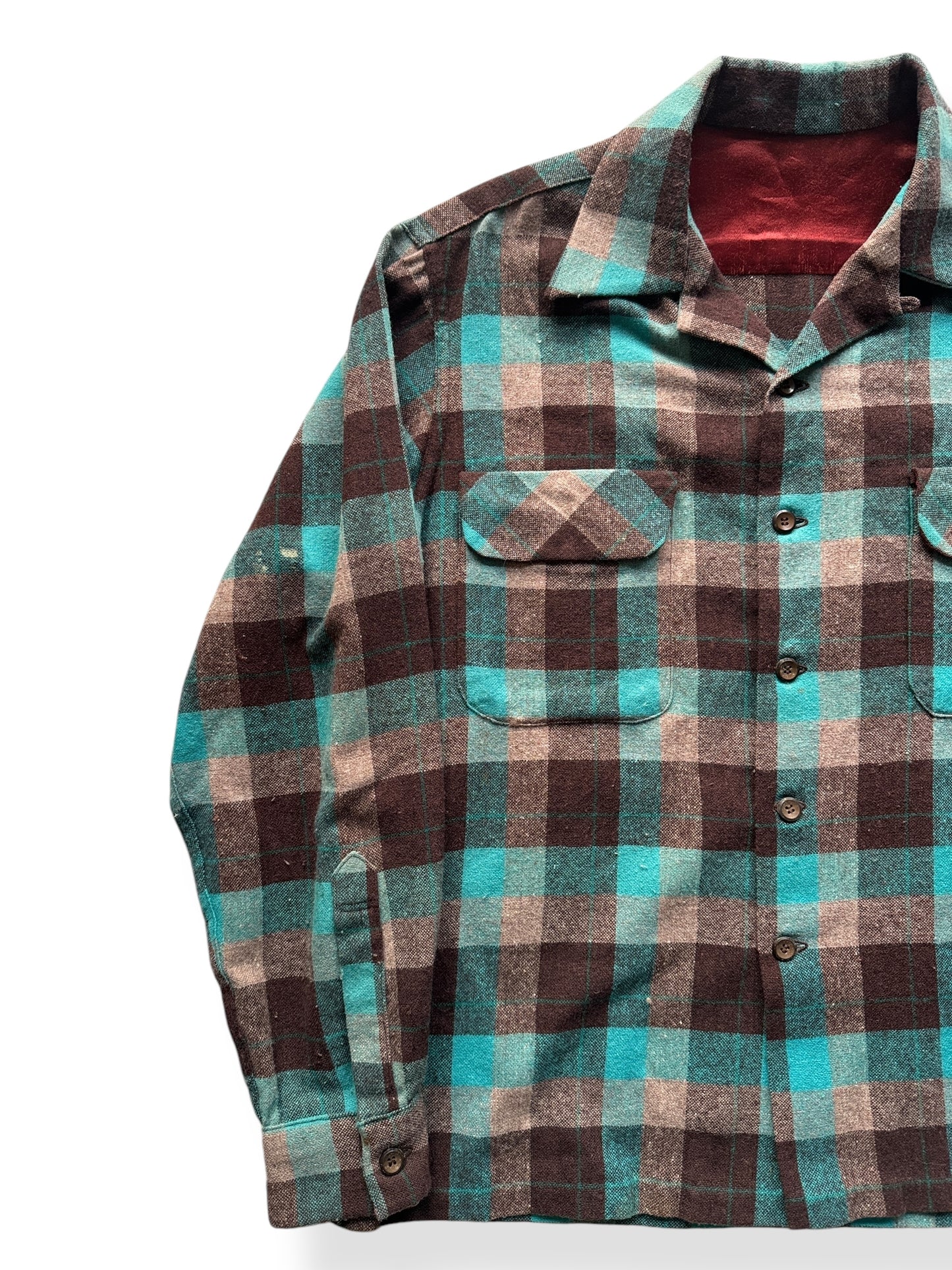 Front Right of Vintage Turquoise Plaid Wool Blend Board Shirt SZ L