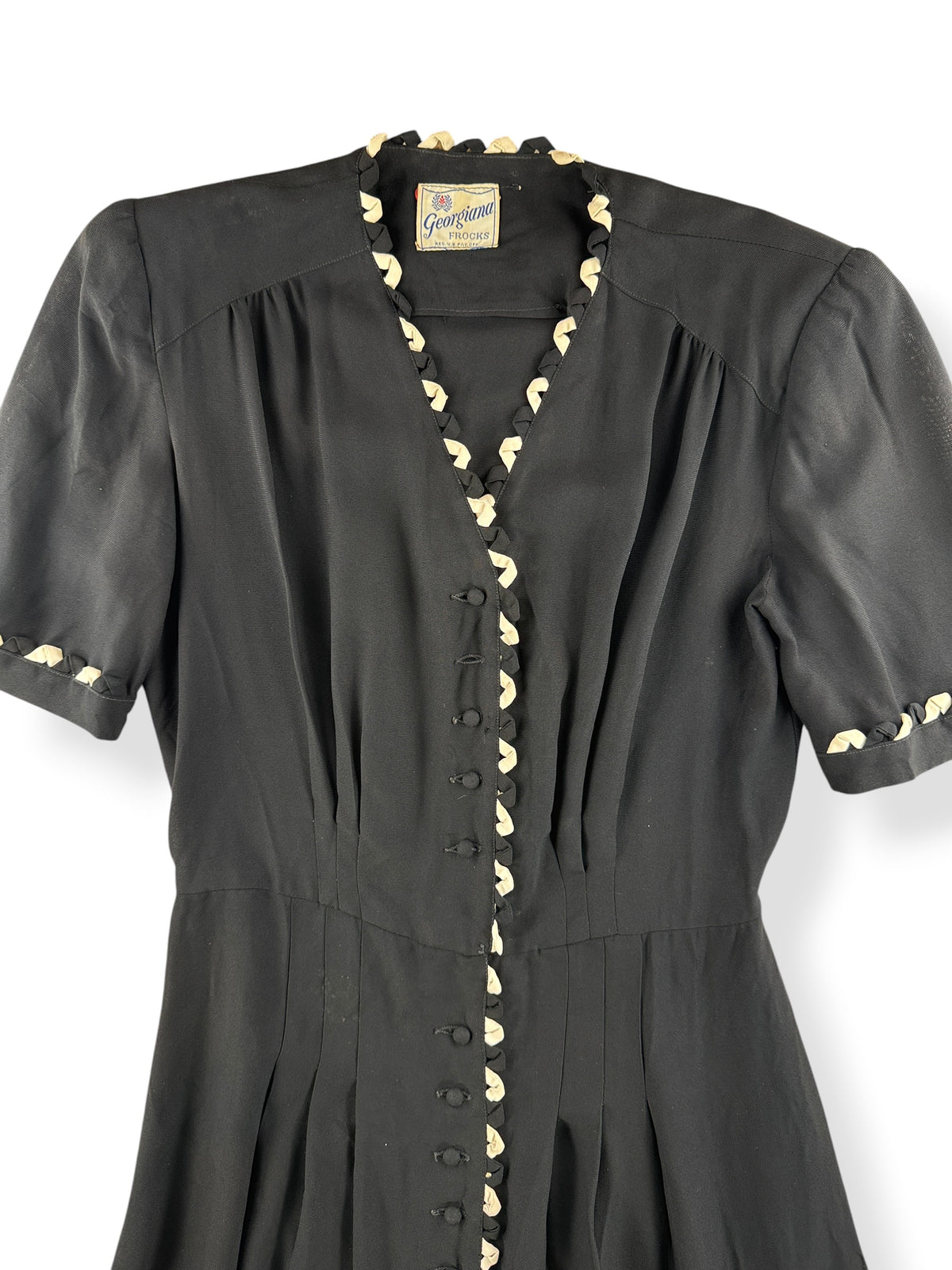 Close-up of Vintage 40s Black + White Rayon Dress SZ S/M
