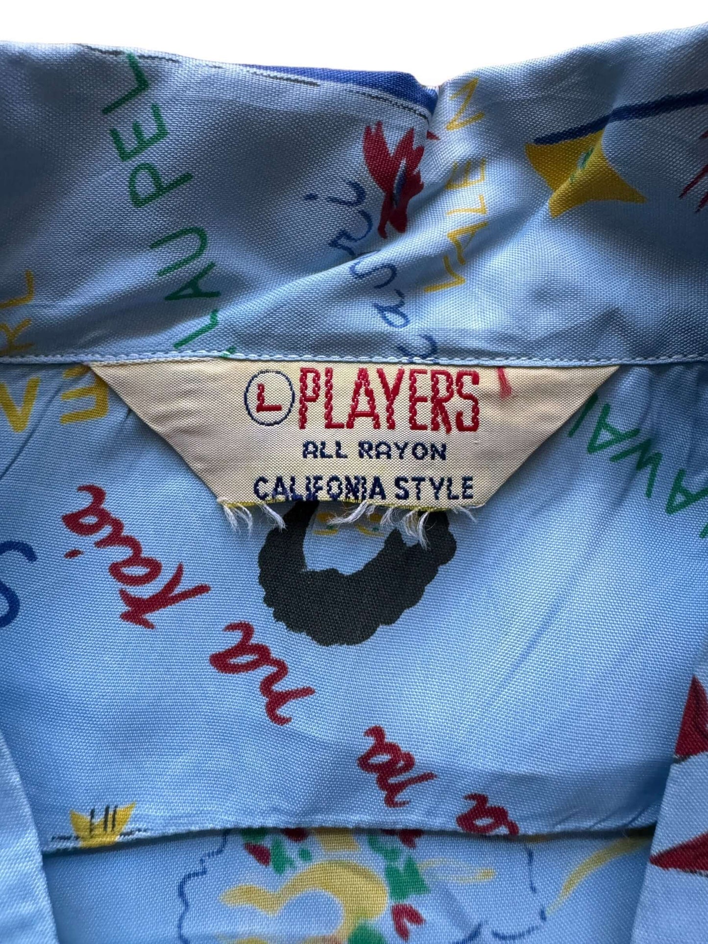 tag on Vintage NOS Players Rayon Aloha Shirt SZ L