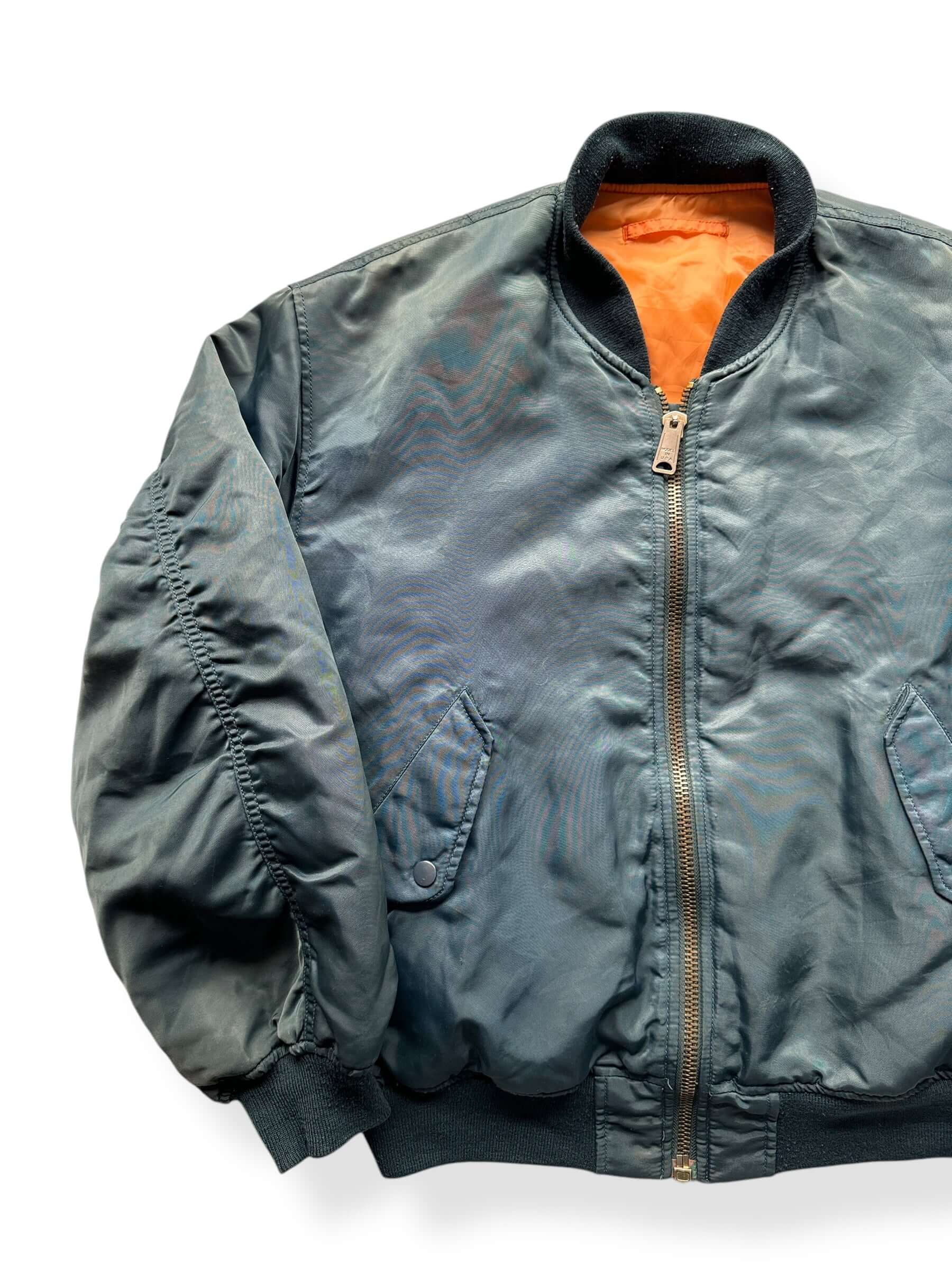 Front Right of Vintage Navy Blue MA-1 Bomber SZ L