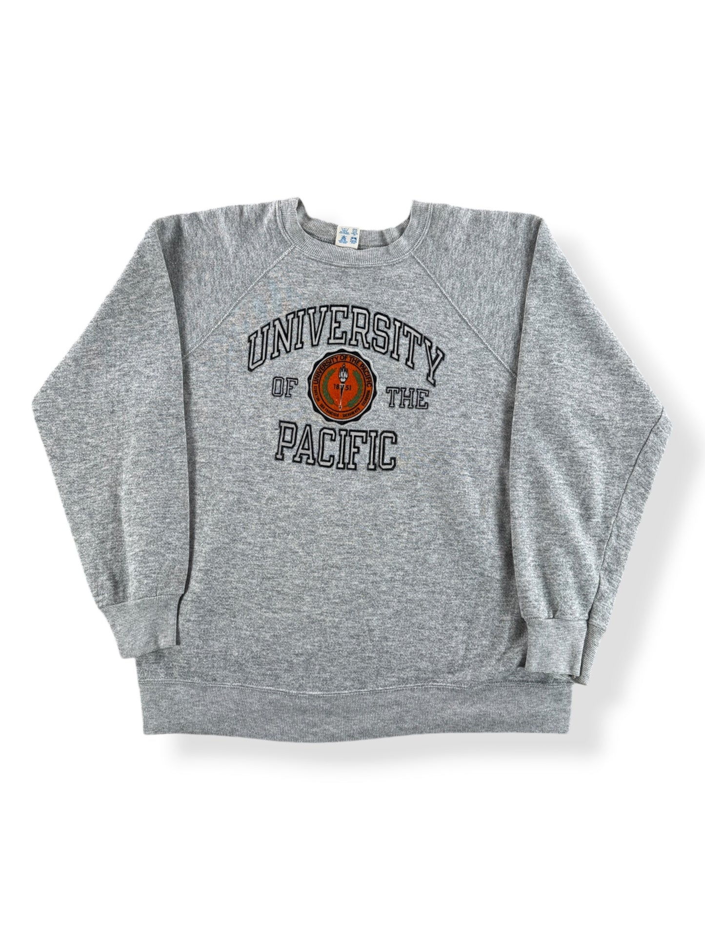 Front of Vintage Champion University of the Pacific Puff Paint Crewneck SZ XL (Fits M)