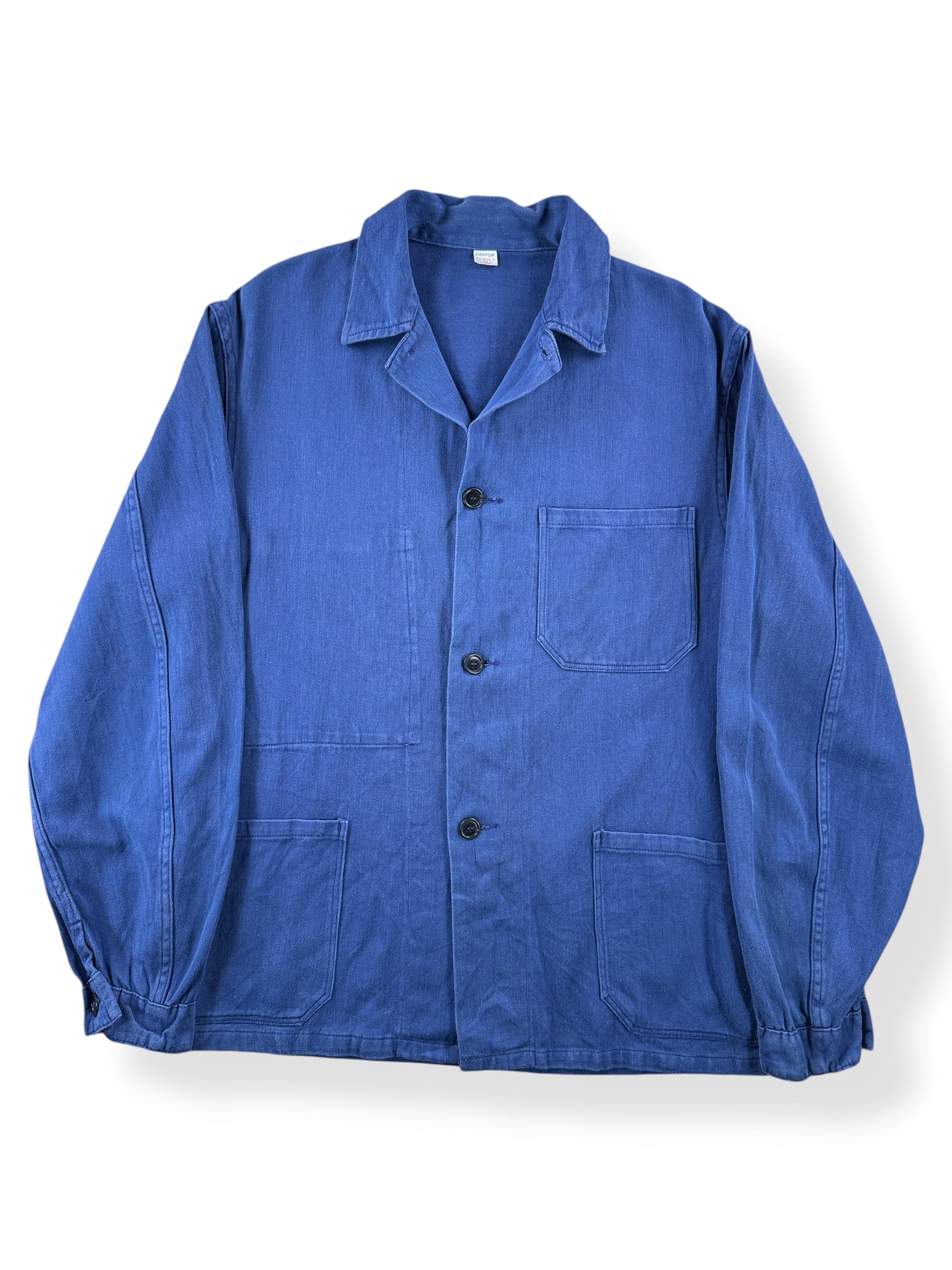Front of Vintage Sanfor Deep Blue French Chore Coat SZ M