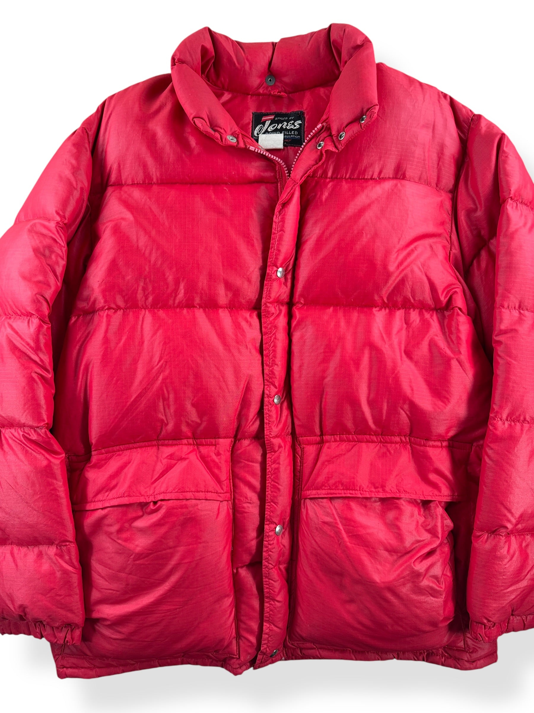 Front Close Up of Vintage Jones Red Puffer Jacket SZ L