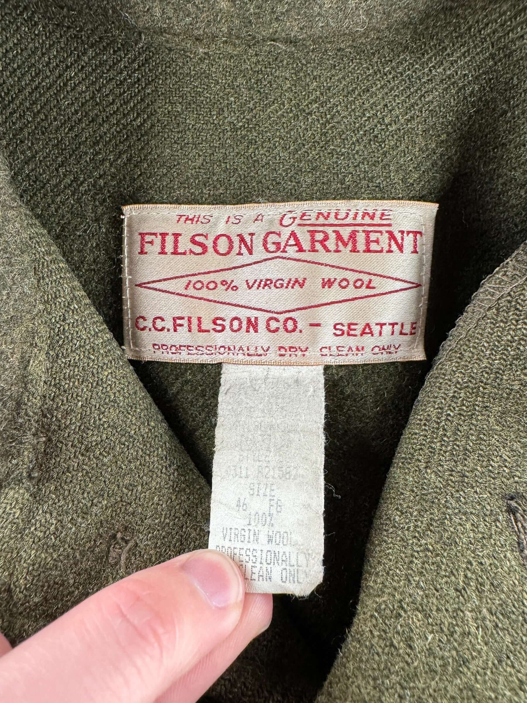 Tag on Vintage 90s Era Repaired Filson Olive Green Double Mackinaw Jacket SZ 46