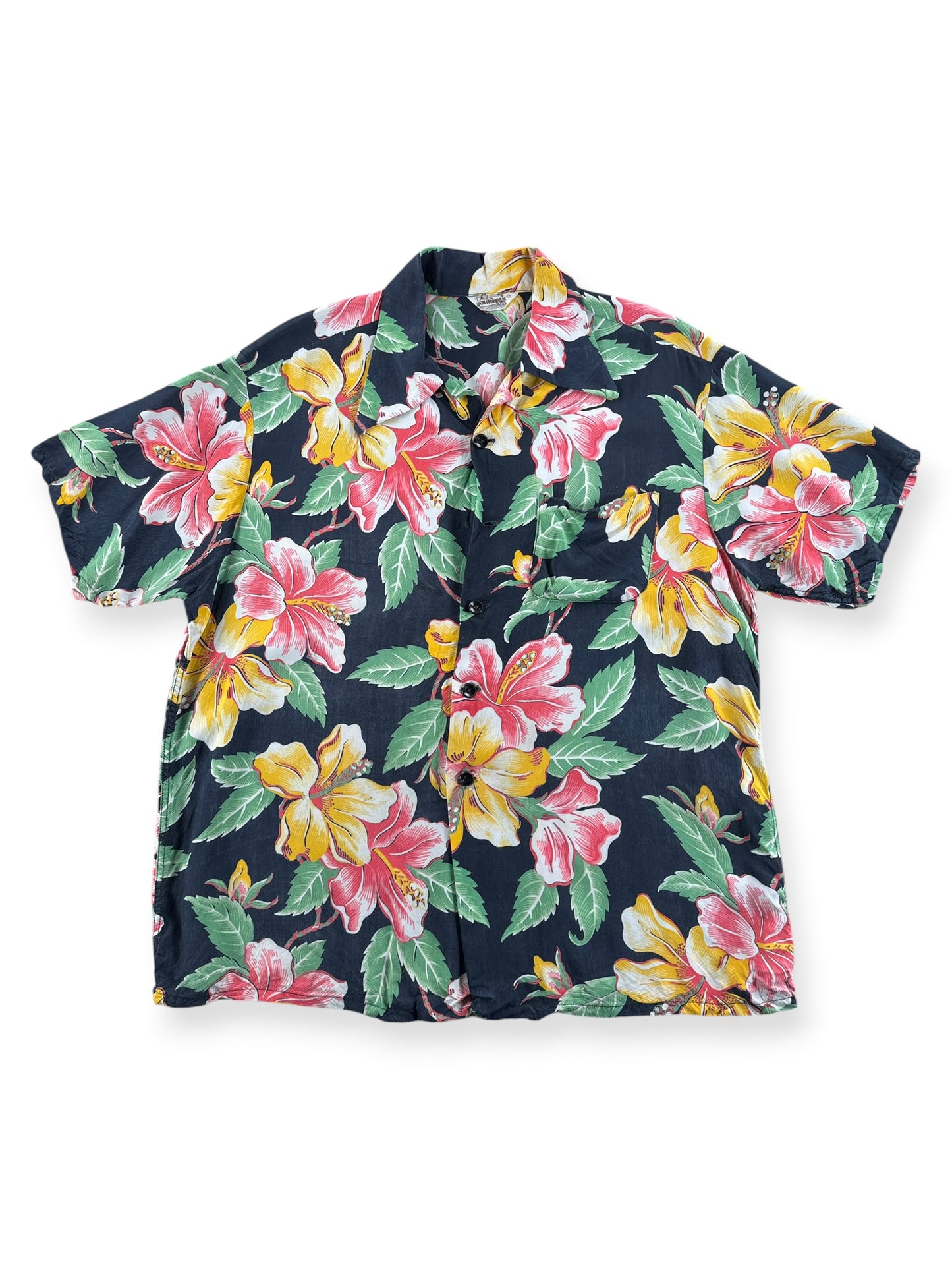 Front of Vintage Black Made in California Floral Rayon Aloha Shirt SZ L (Fits M)