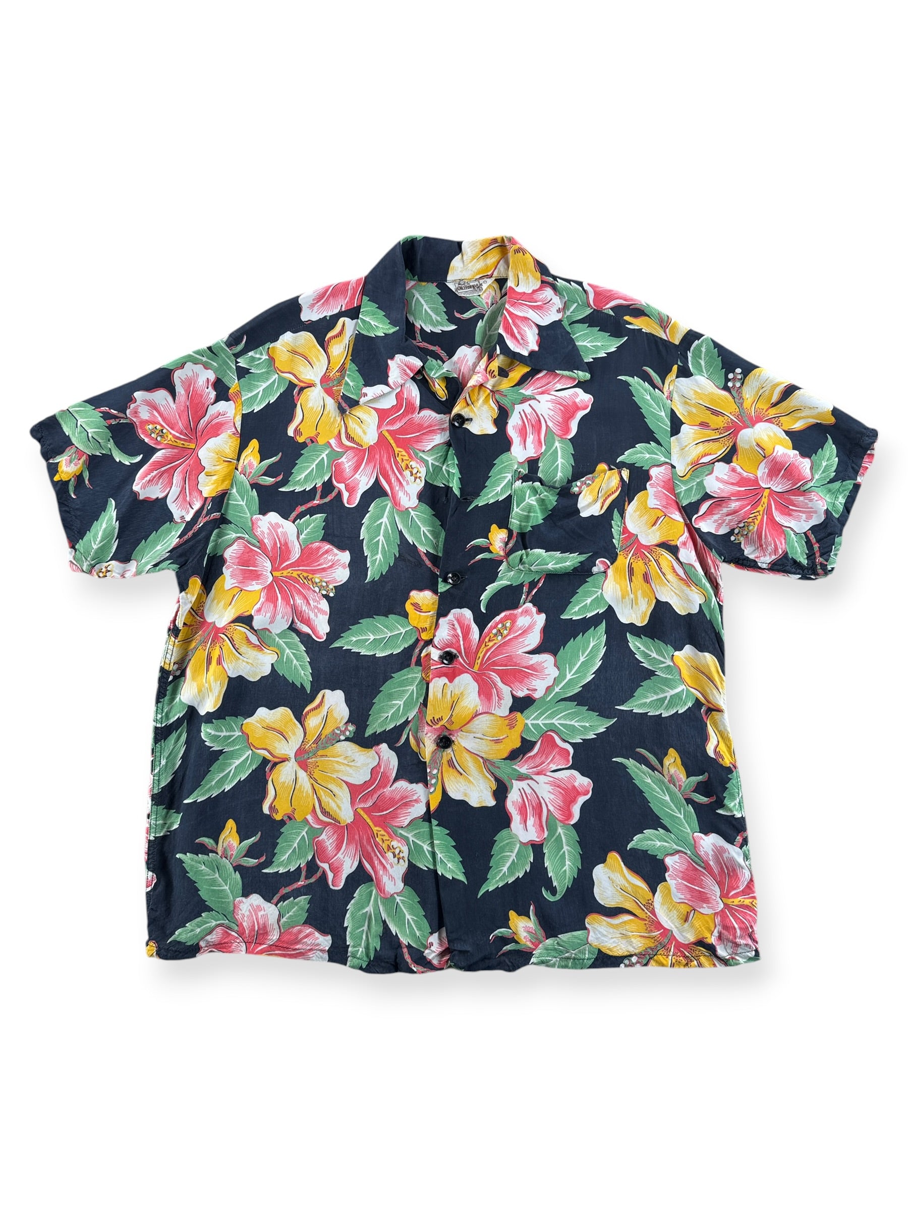 Front of Vintage Black Made in California Floral Rayon Aloha Shirt SZ L (Fits M)