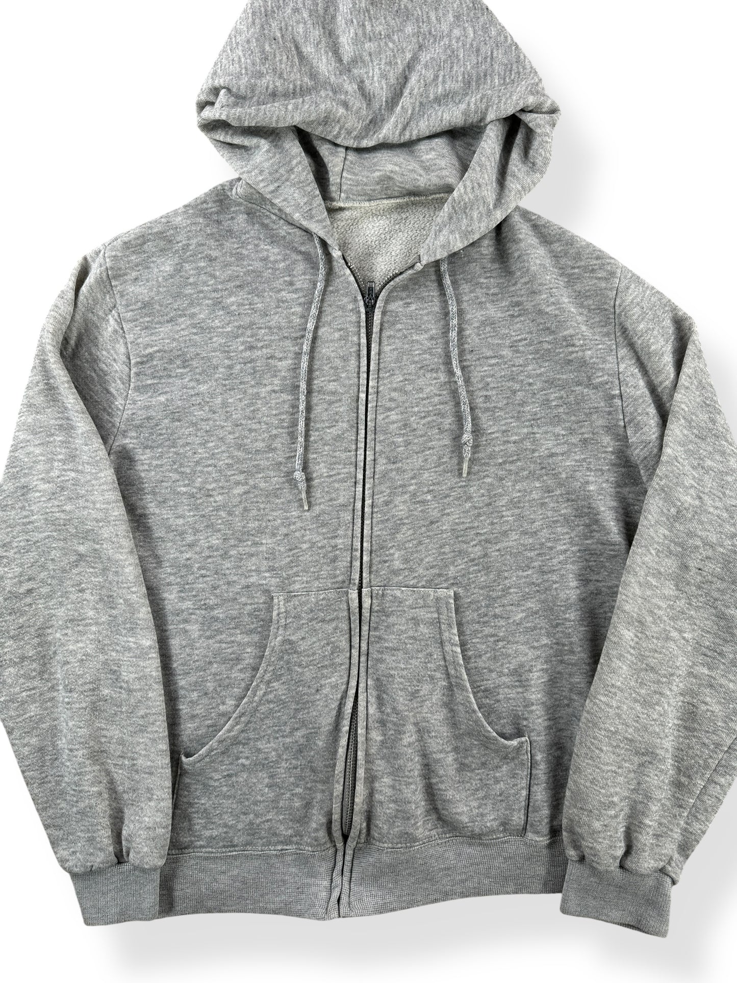 Front Close Up of Vintage Heather Grey Zip Up Hoodie SZ M