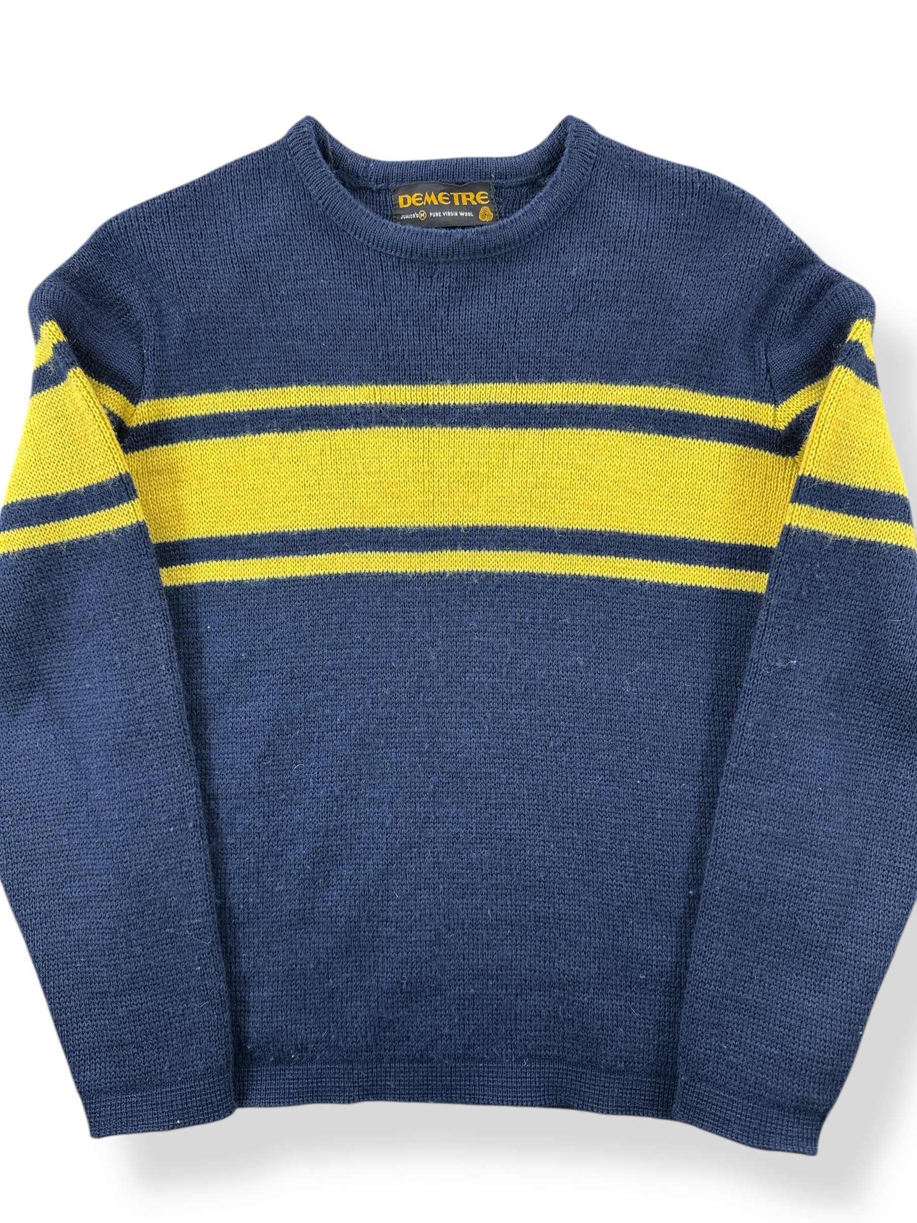 Front of Vintage Navy & Yellow Demetre Seattle Wool Ski Sweater SZ Kids M (Fits XS)