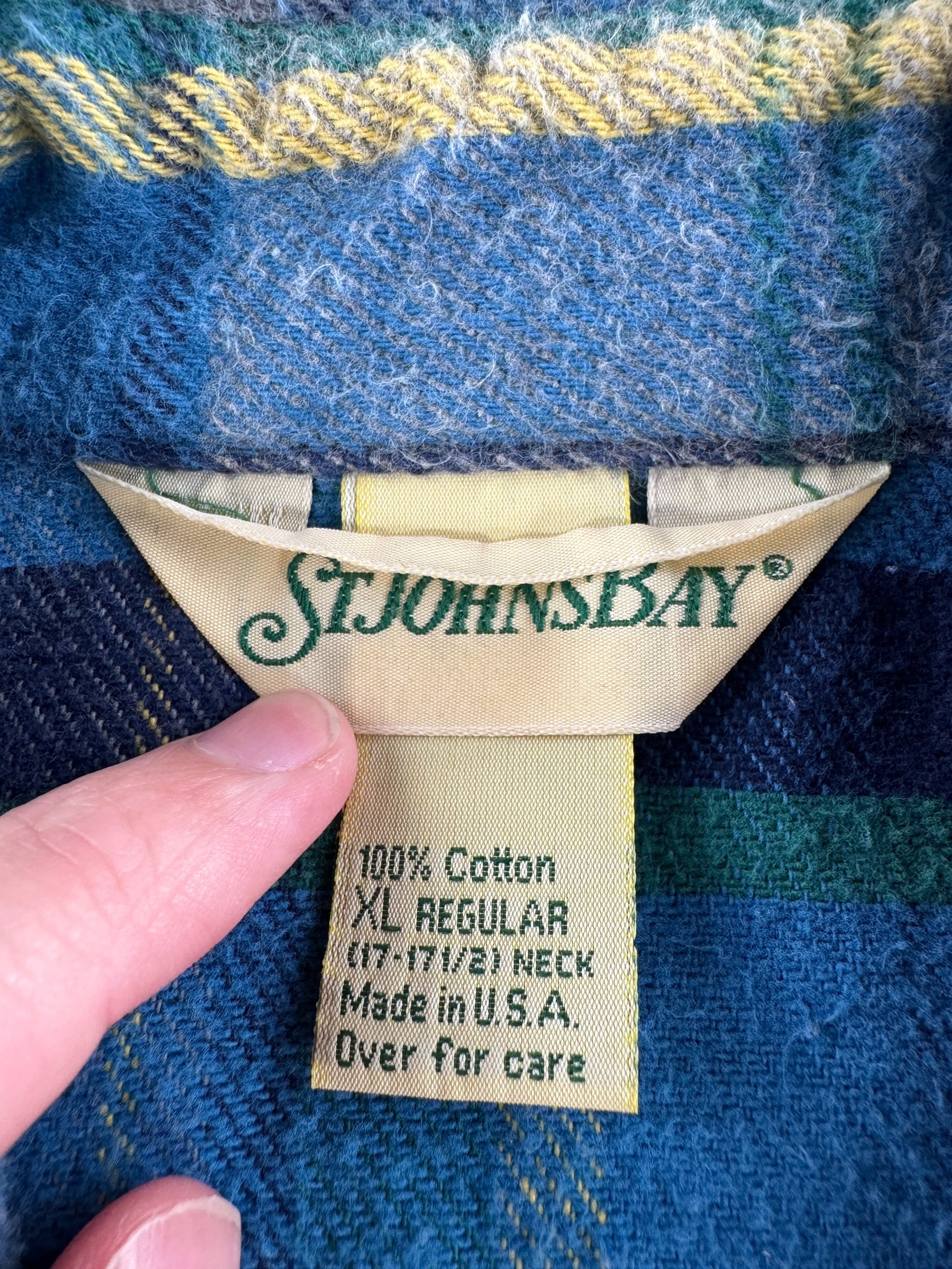 Tag on Vintage St John's Bay Gray Blue Green Cotton Flannel