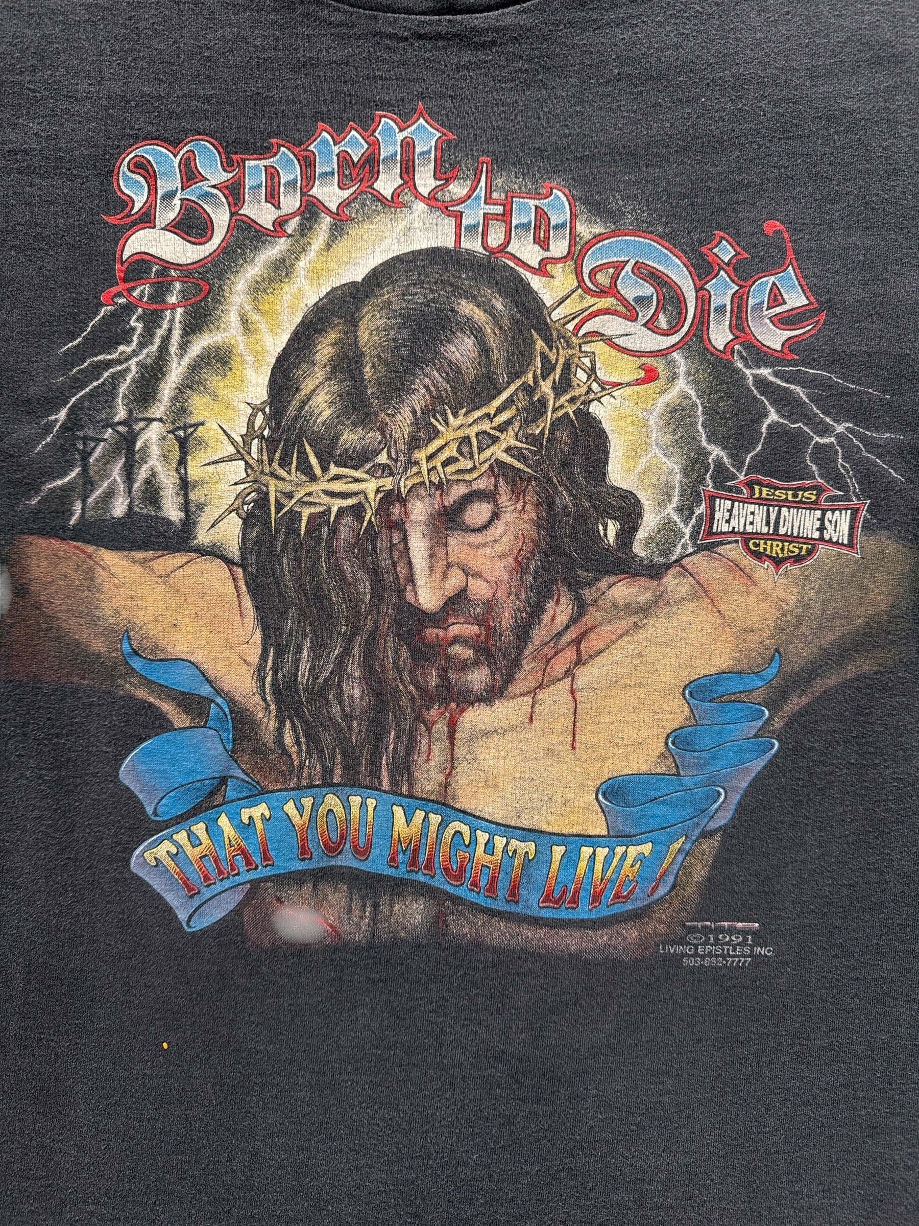 front graphic of Vintage Born to Die Jesus Harley Parody Tee SZ L