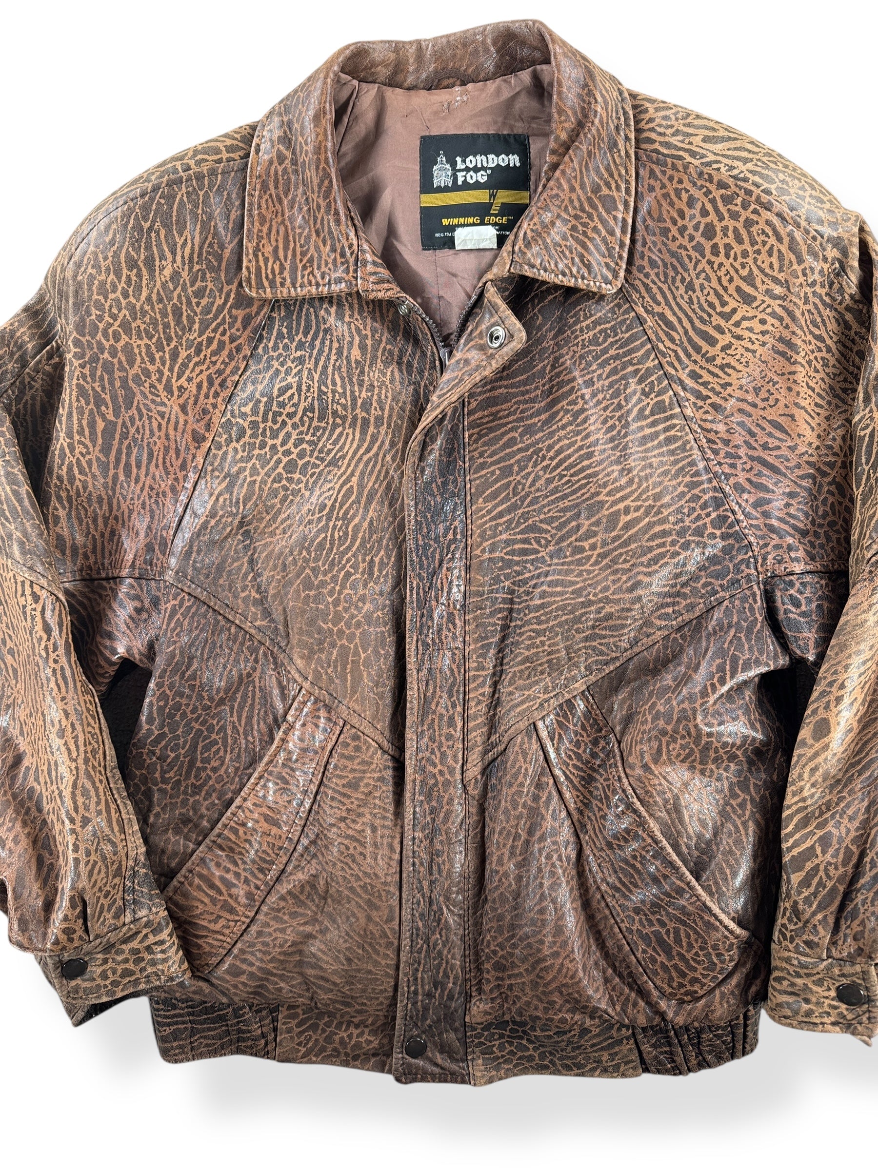 Front Close Up of Vintage London Fog Elephant Patterned Leather Bomber Jacket SZ M