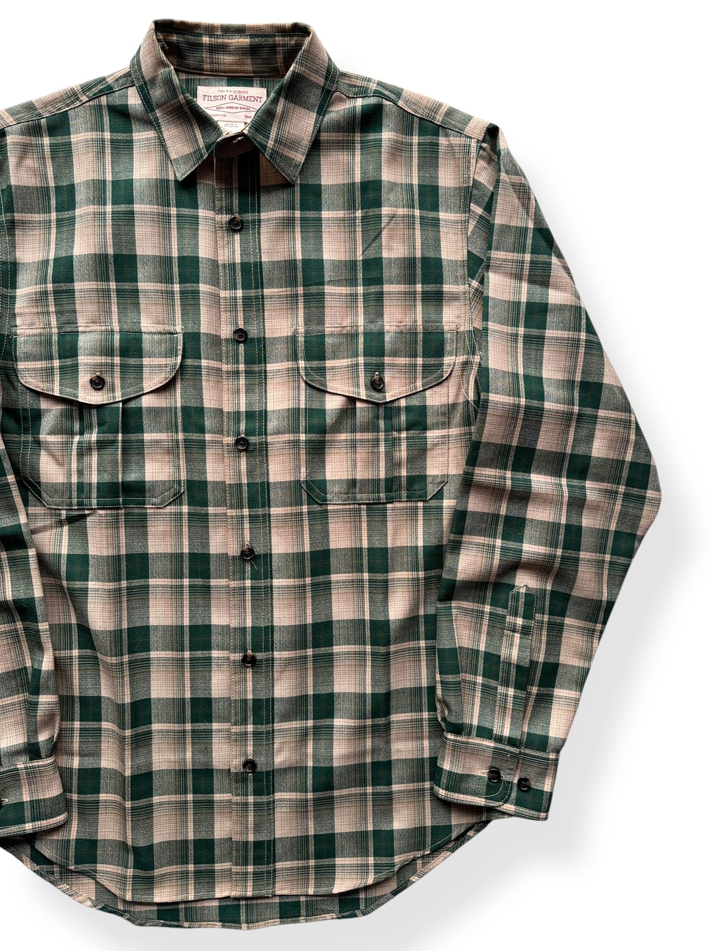 Front Left of Filson Merino Wool Green Tan Plaid Guide Shirt SZ S