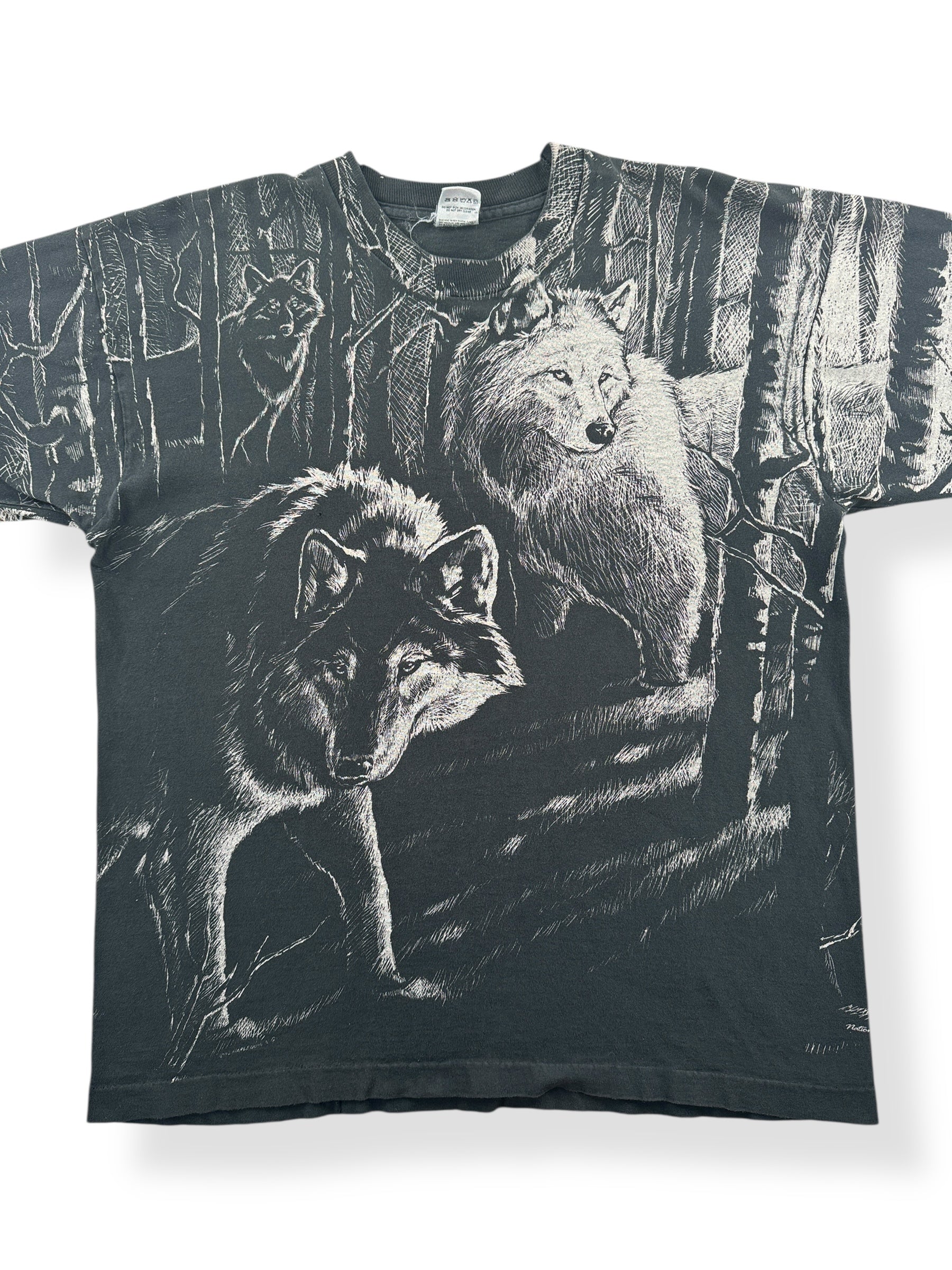 Front Close Up of Vintage AOP Wolf Tee SZ L