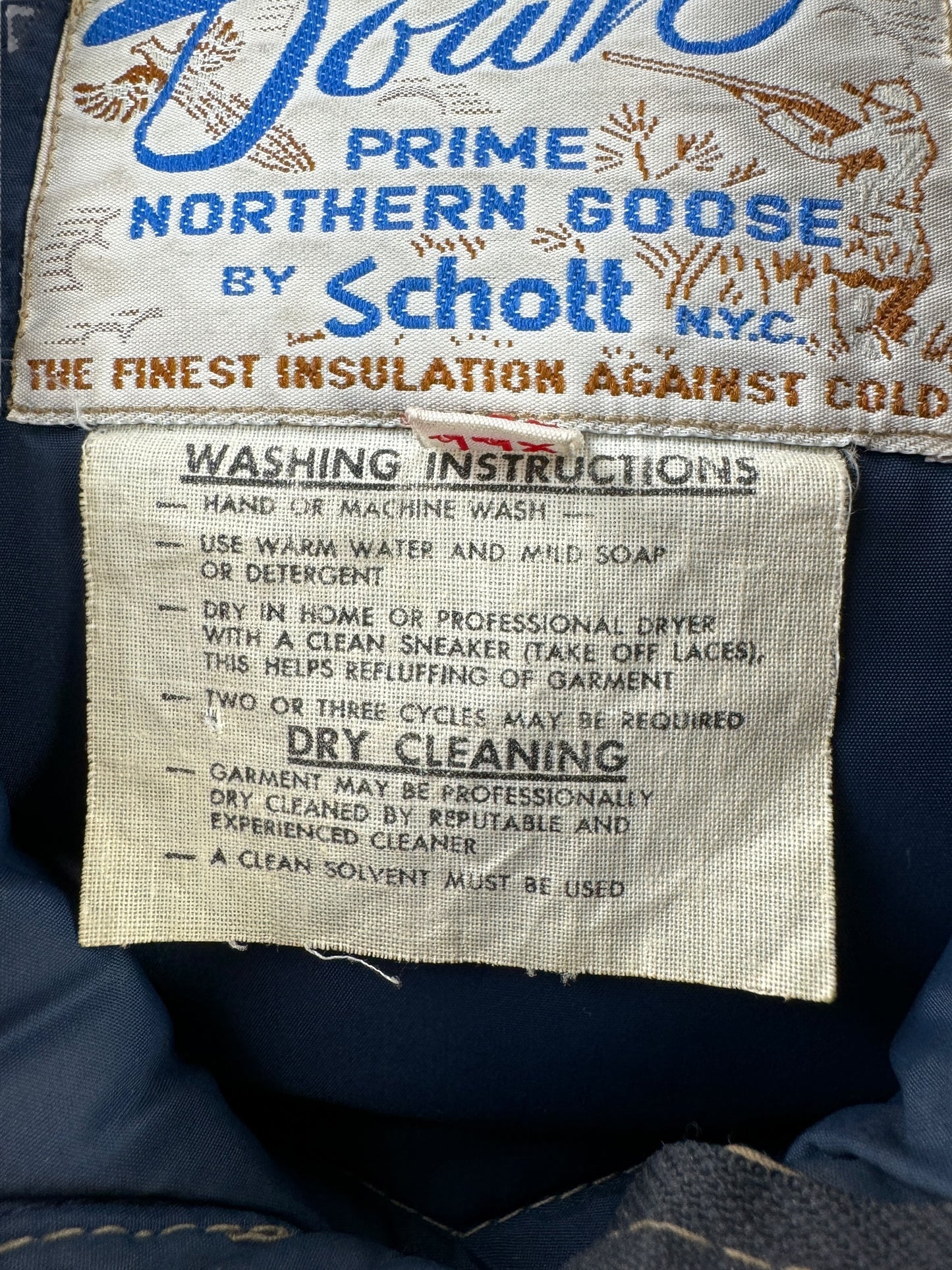 Care Tag on Vintage Schott Down Jacket SZ XLL