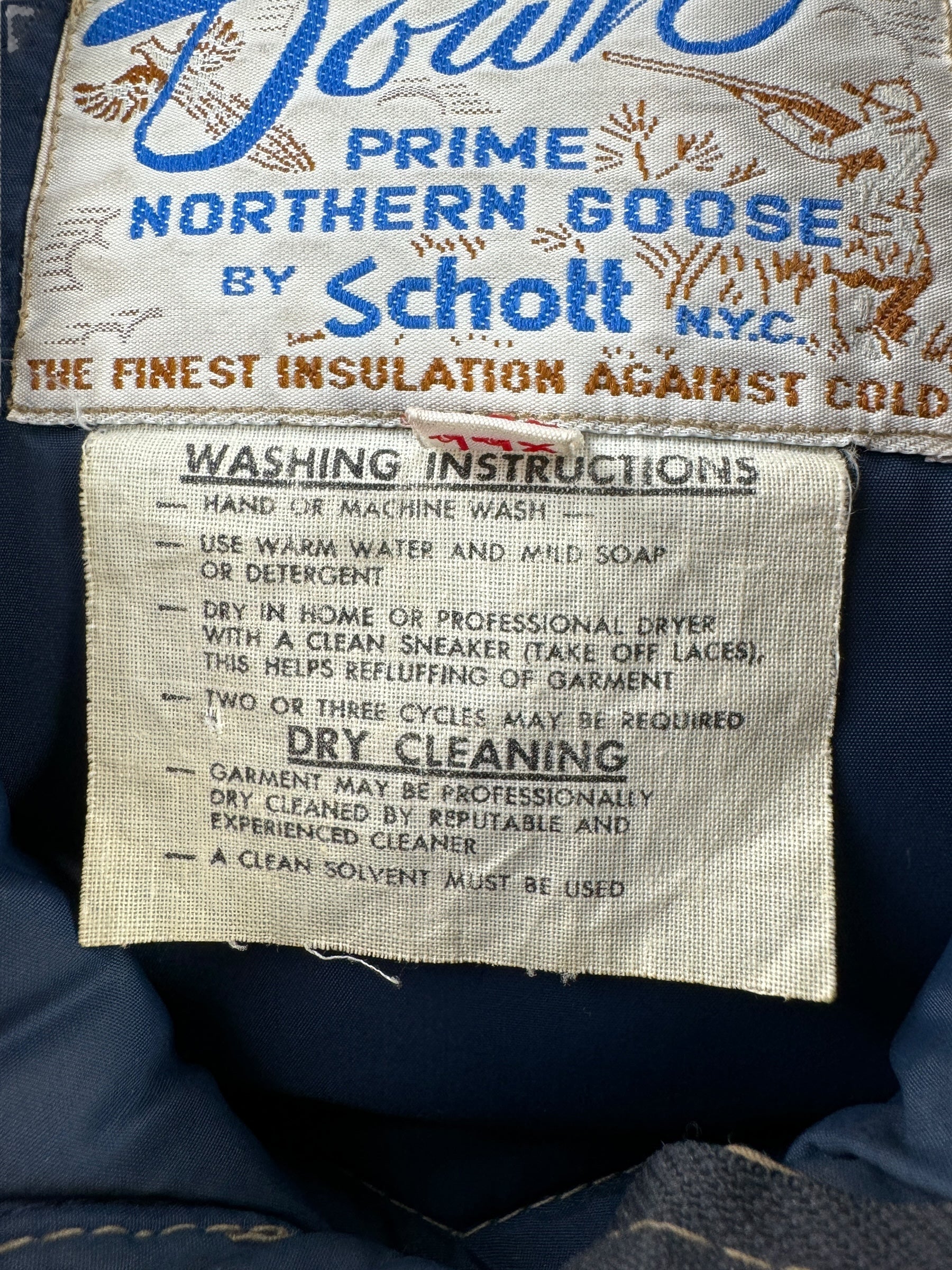 Care Tag on Vintage Schott Down Jacket SZ XLL