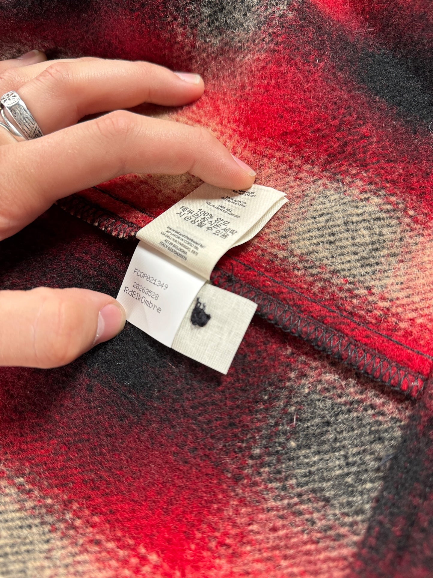 Care tag on Filson Plaid Jac Shirt SZ S