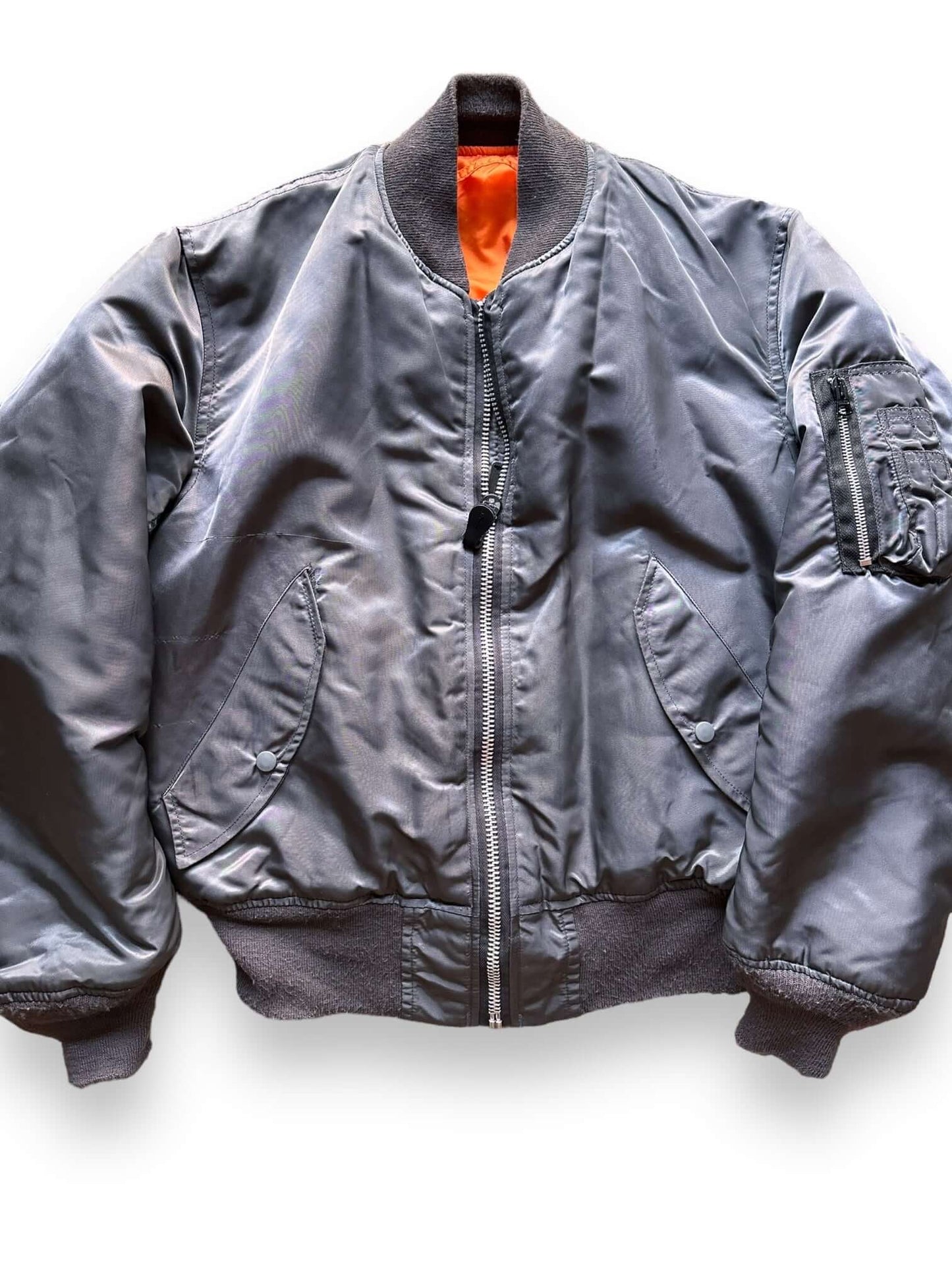 Front Detail on Vintage Grey MA-1 Flight Jacket SZ XL |  Vintage Military Jacket Seattle