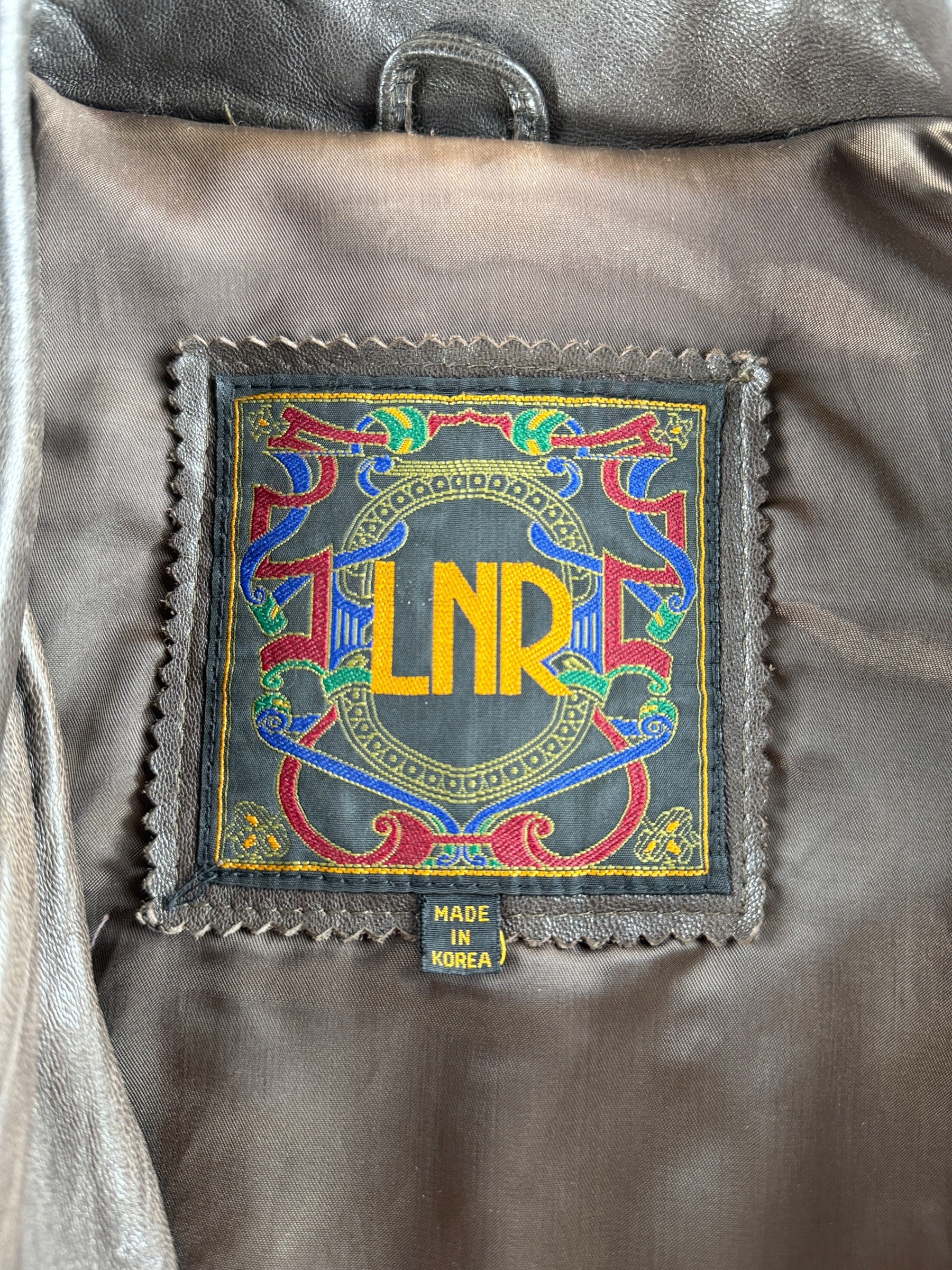LNR brand label and Made In Korea tag on Vintage 80s Double Breasted Leather Jacket SZ M