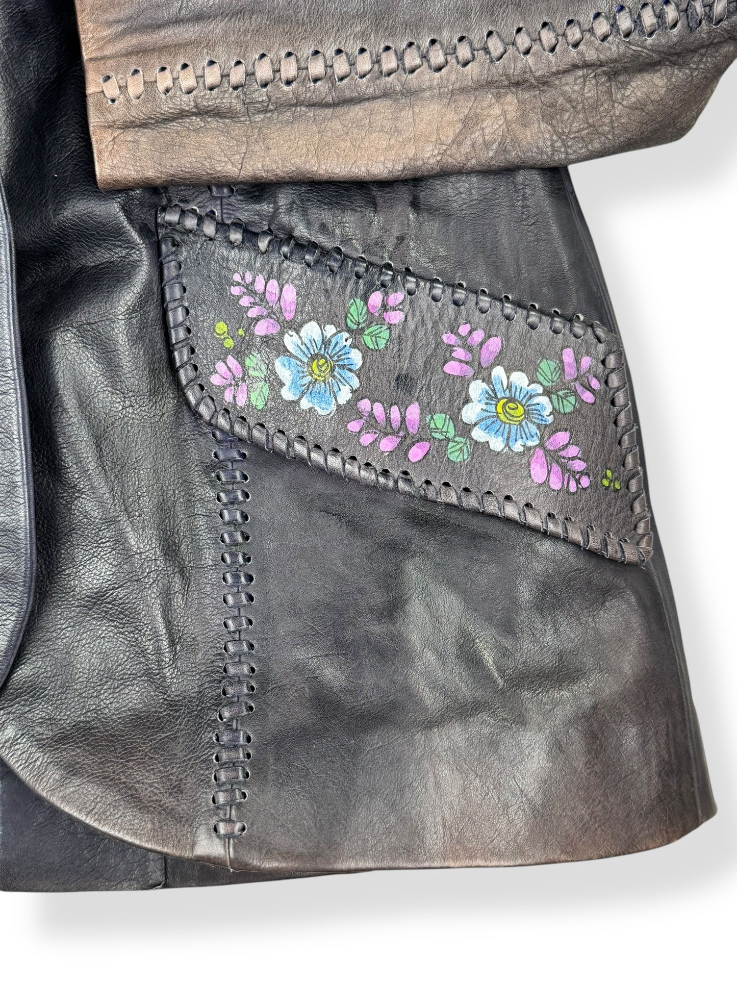 Pocket view of 1970s Char Mexican Hand Painted Leather Jacket M-L