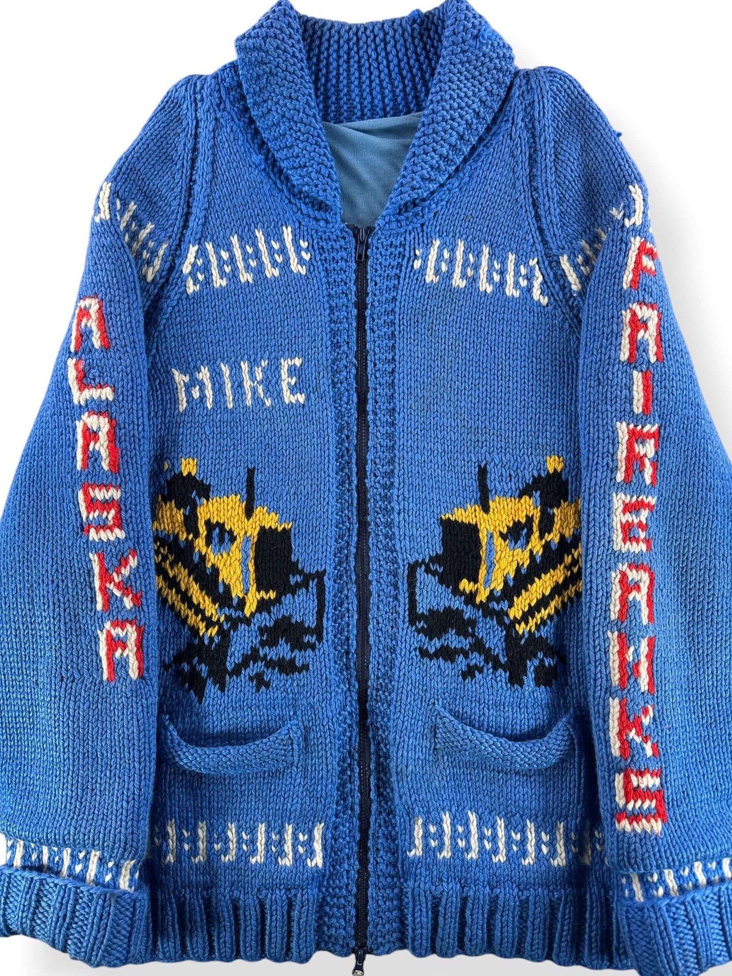 Front Close Up of Vintage Fairbanks Alaska Bulldozer Cowichan Style Sweater SZ L