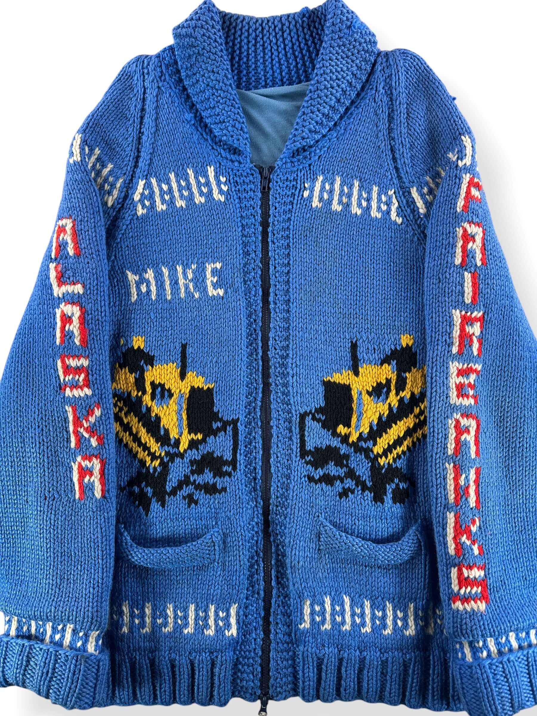 Front Close Up of Vintage Fairbanks Alaska Bulldozer Cowichan Style Sweater SZ L