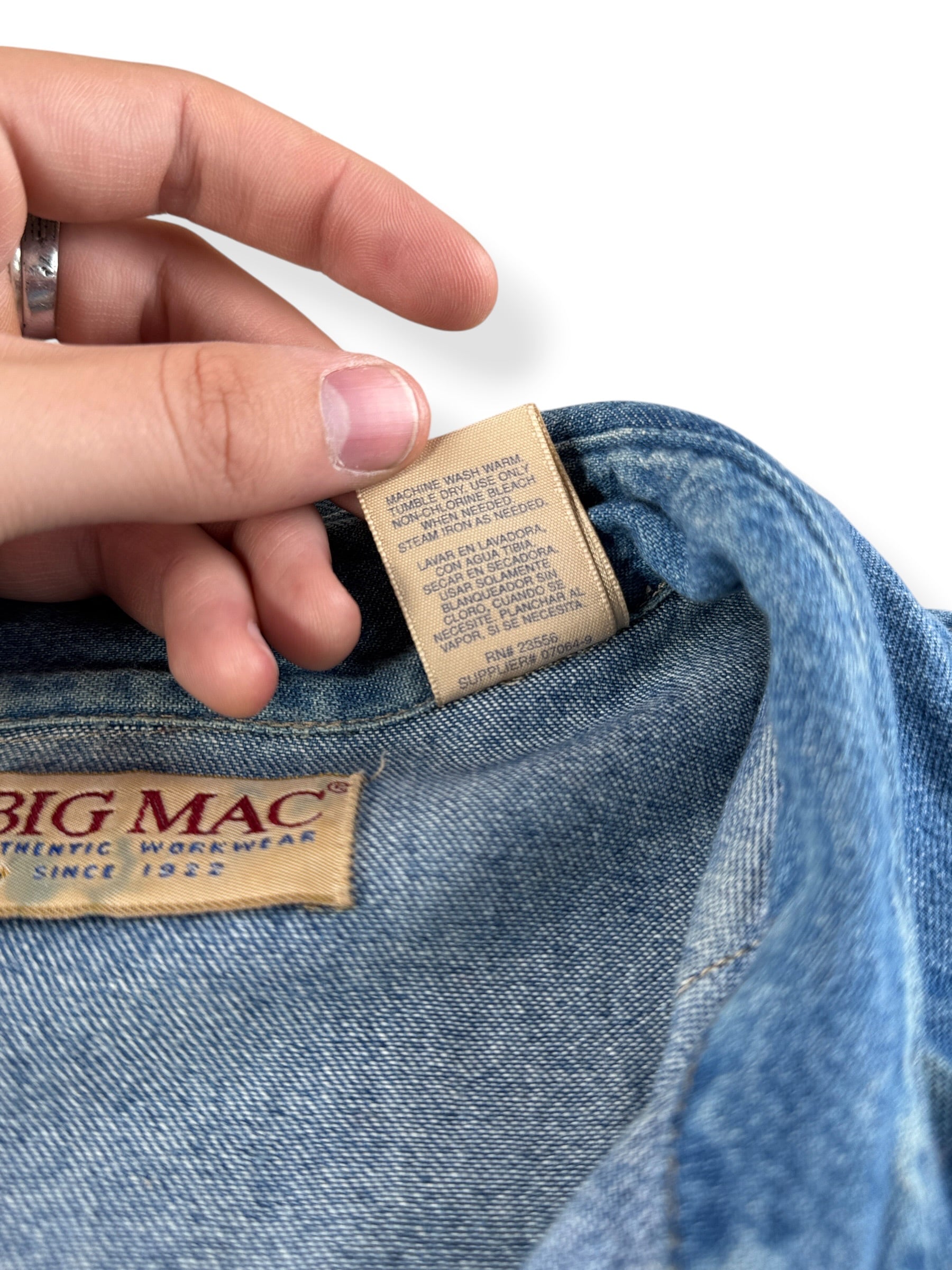 Back of tag on Vintage Big Mac Denim Pearl Snap Shirt SZ L