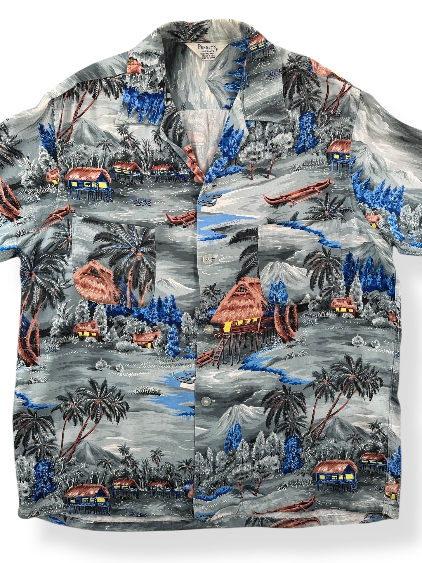Front Close Up of Vintage Penney's Rayon Aloha Shirt SZ M