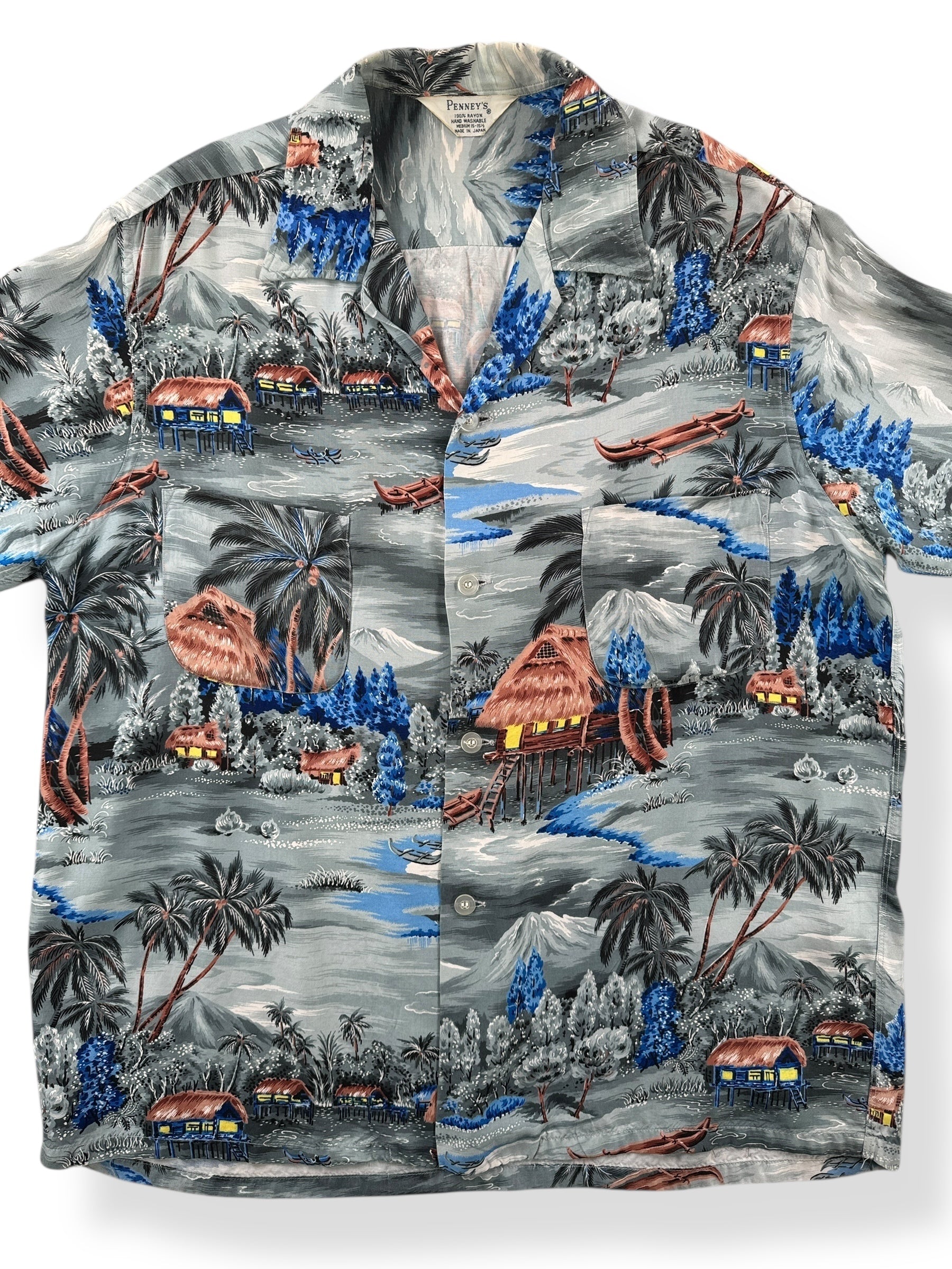 Front Close Up of Vintage Penney's Rayon Aloha Shirt SZ M