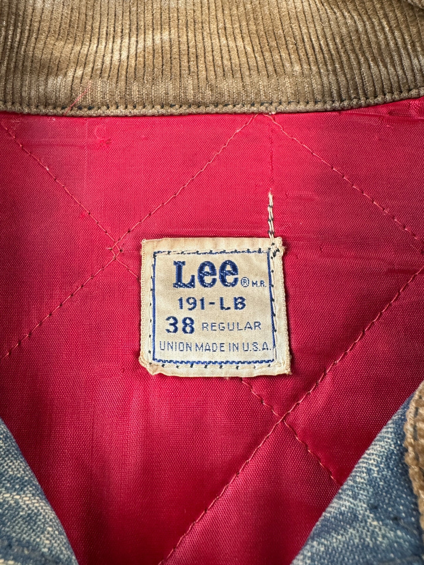Label on Vintage 70s Era Lee 191-LB Denim Jacket SZ 38