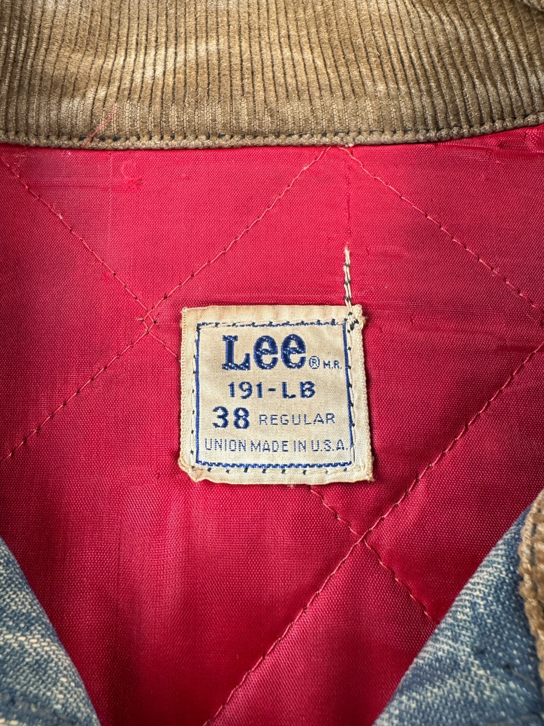 Label on Vintage 70s Era Lee 191-LB Denim Jacket SZ 38