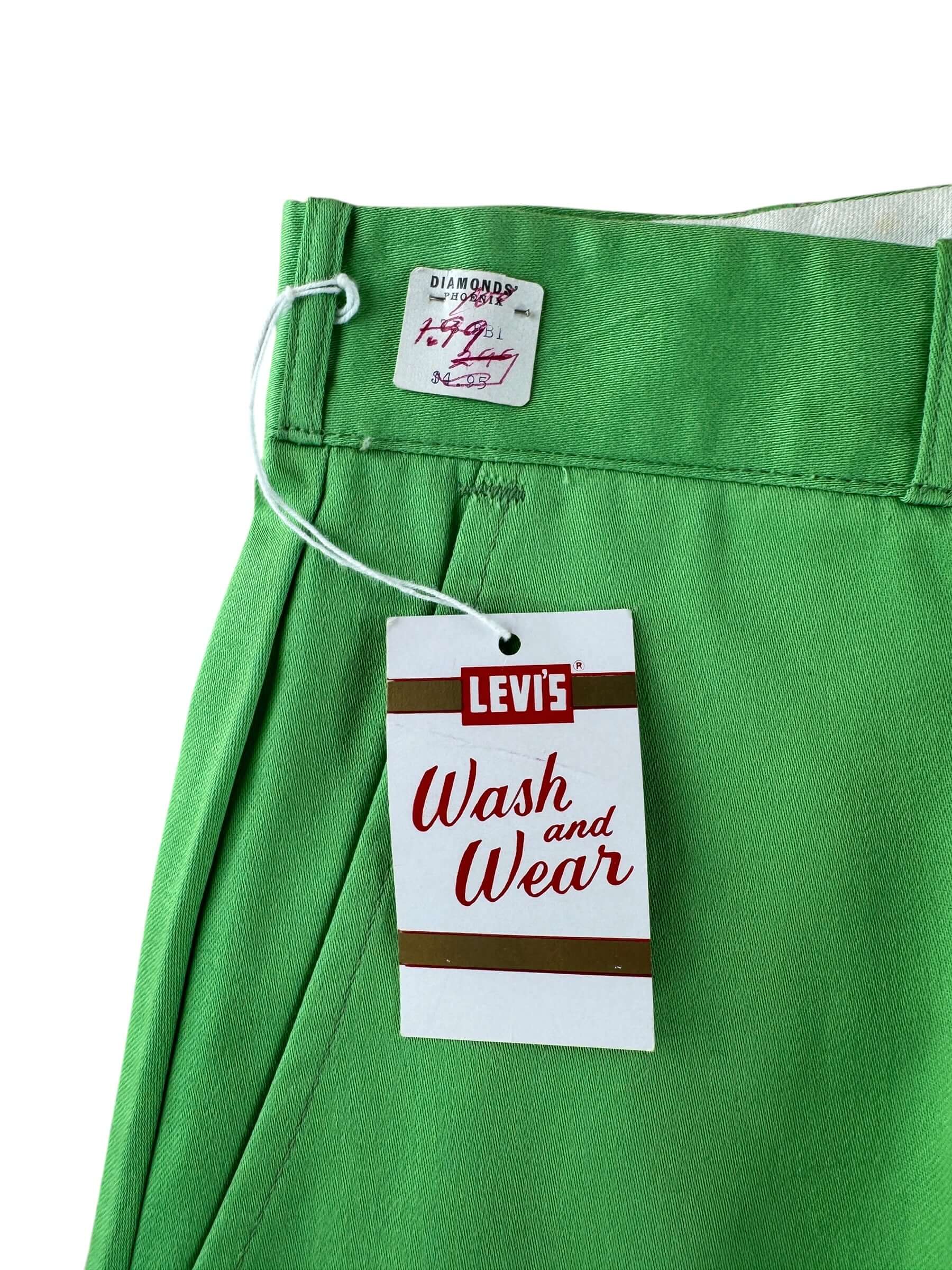 NOS Tag on Vintage NOS Green Levi's Wash and Wear Spikes Trousers W31 (Fits W30)