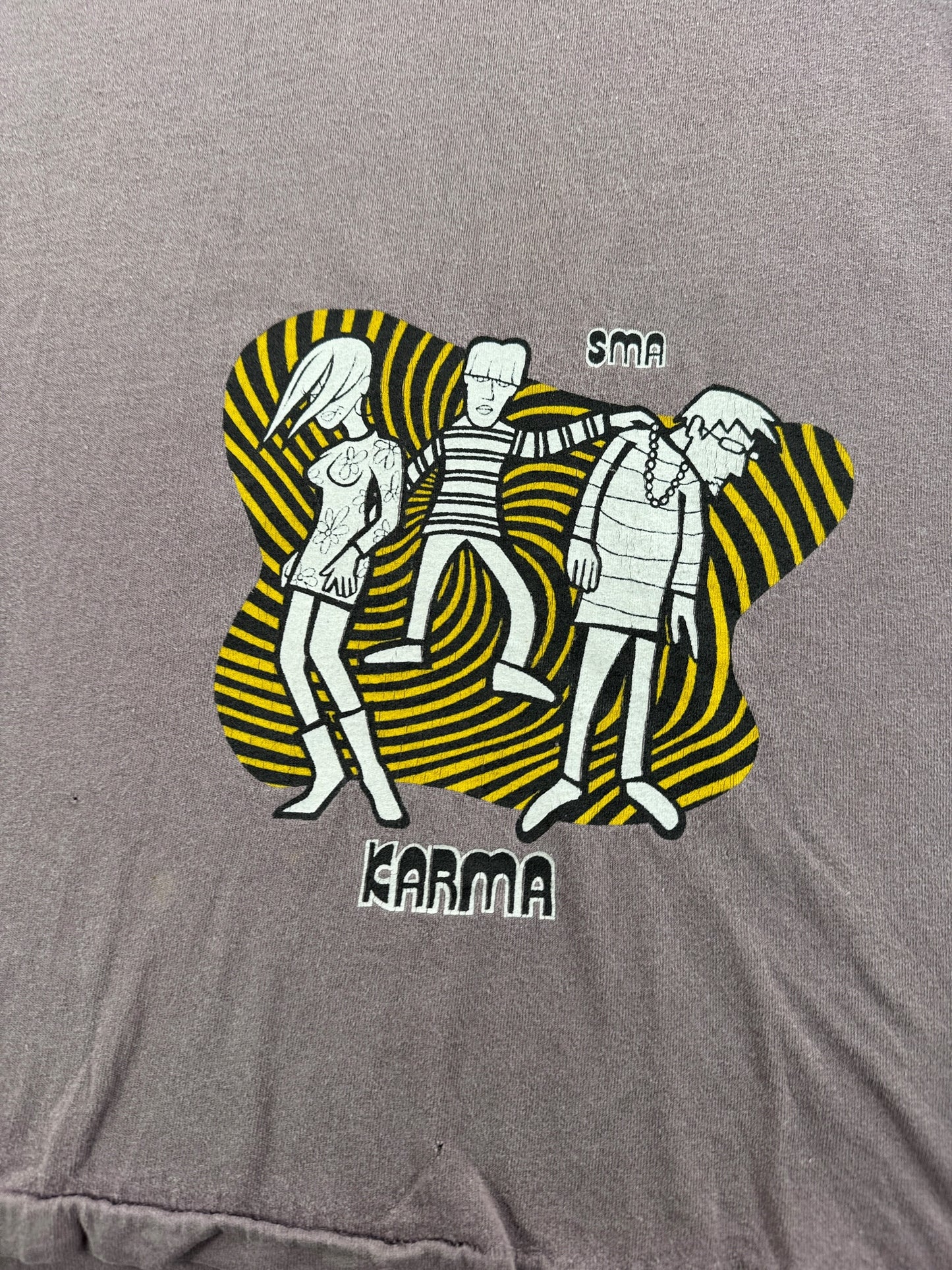 Graphic of Vintage Distressed Santa Cruz Skateboards Karma SMA Tee SZ XL