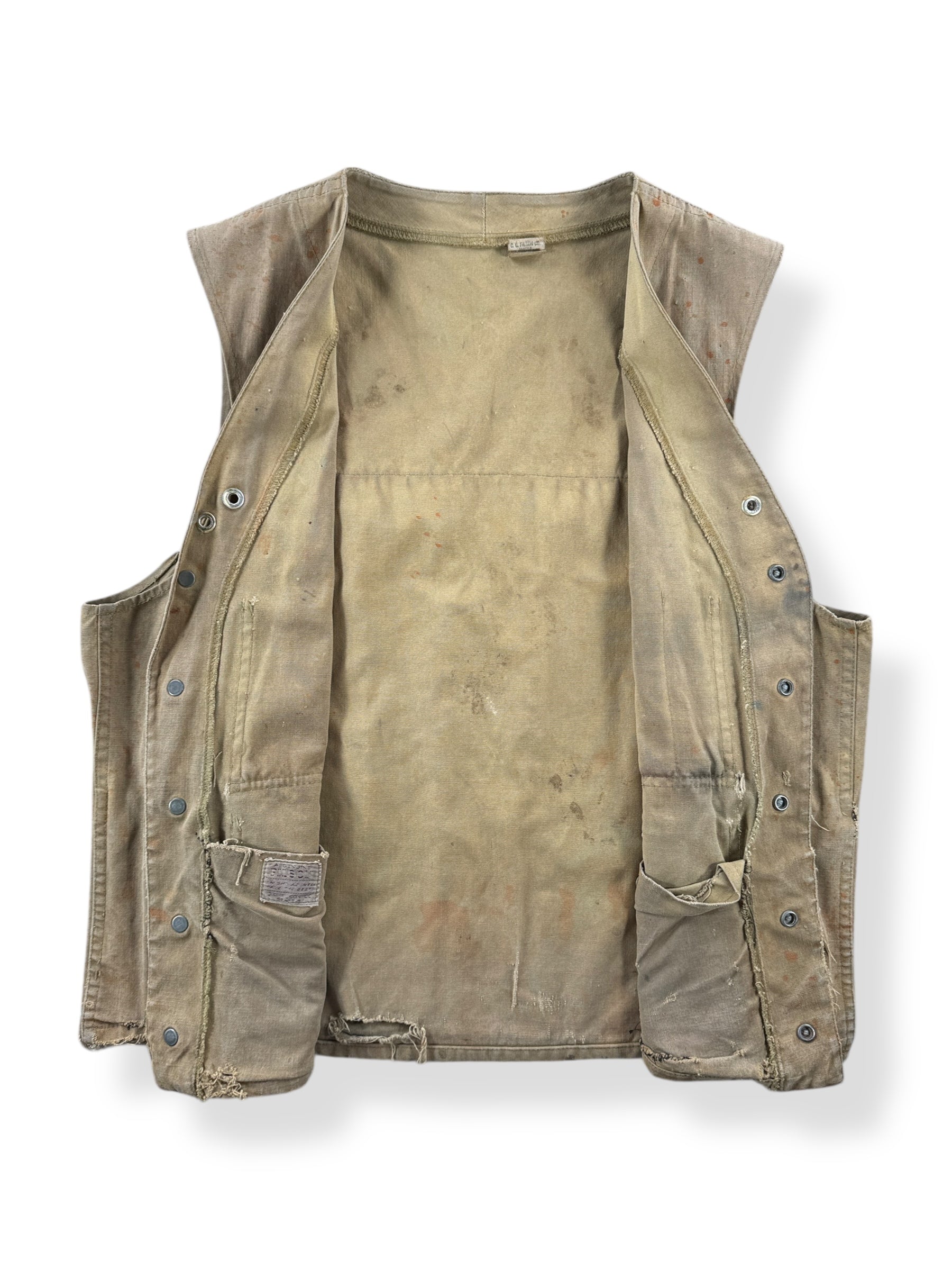 Inside of Vintage Filson Tin Hunting Vest Button Sample SZ 40