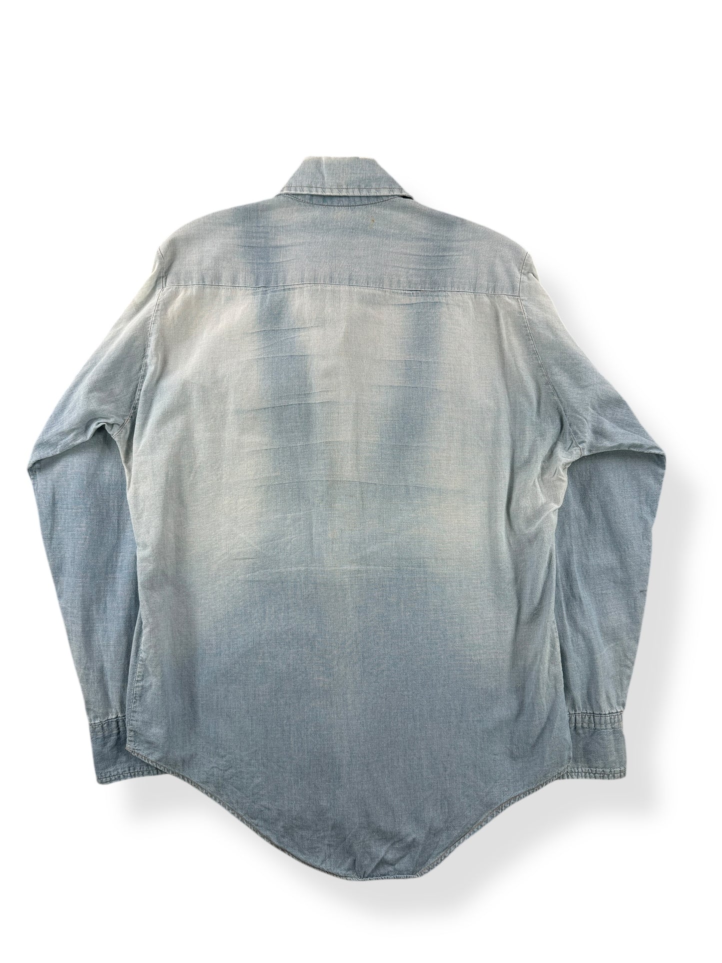 Back of Vintage Montgomery Ward Suspender Fade Chambray Shirt SZ L
