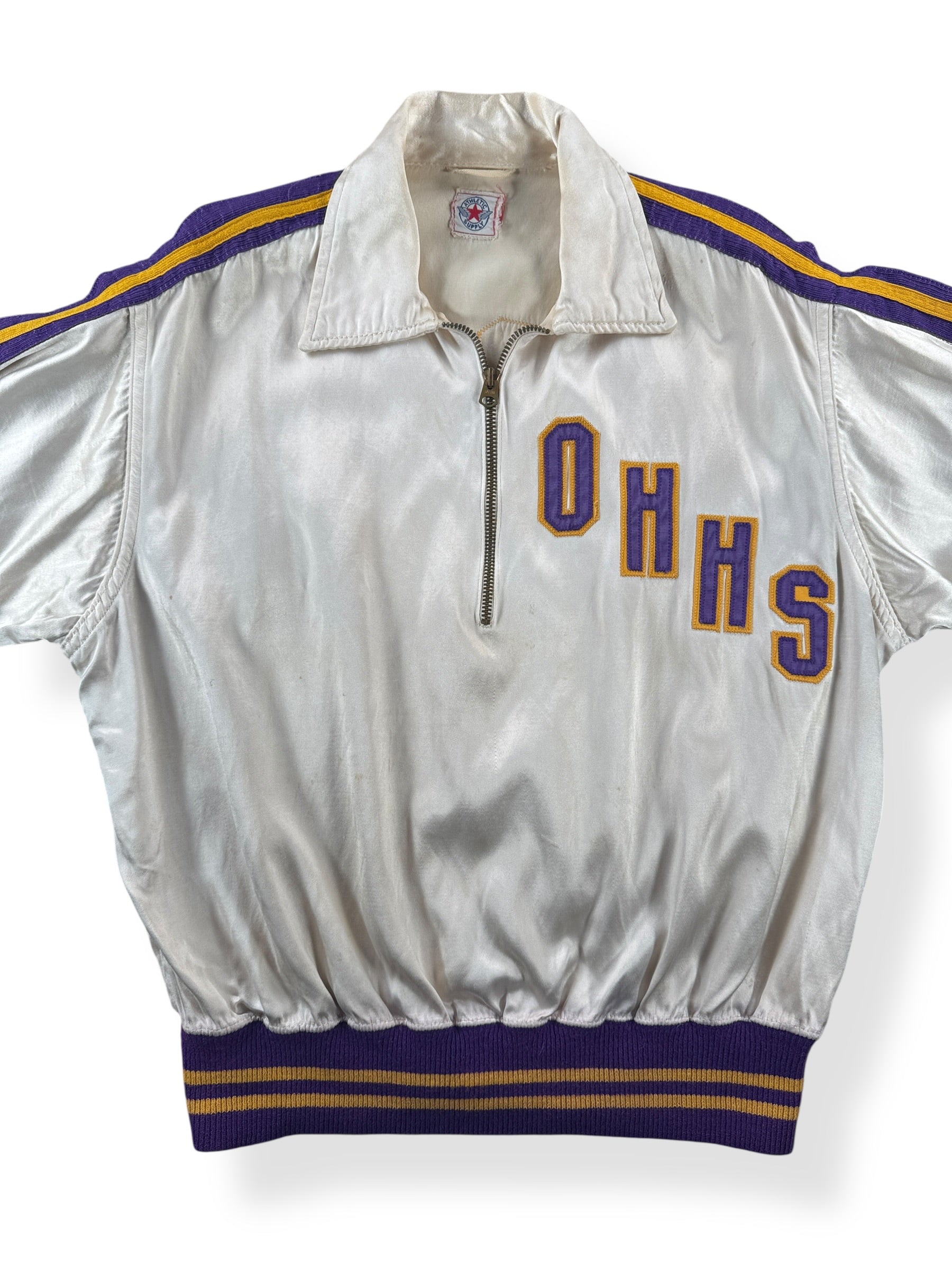 Front Close Up of Vintage Satin OHHS WIldcats Warm Up Top SZ L