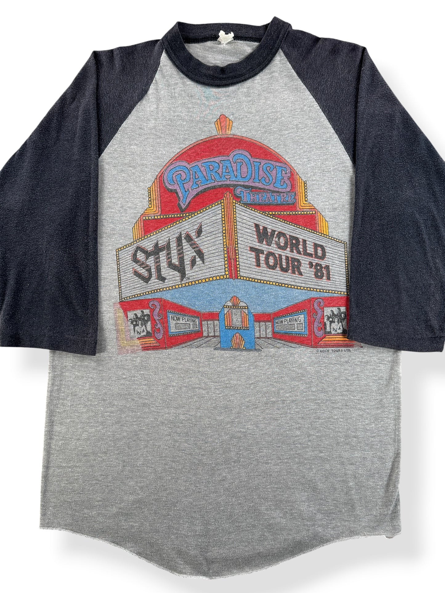 Front Close Up of Vintage Styx '81 World Tour Raglan Tee SZ L (Fits M)