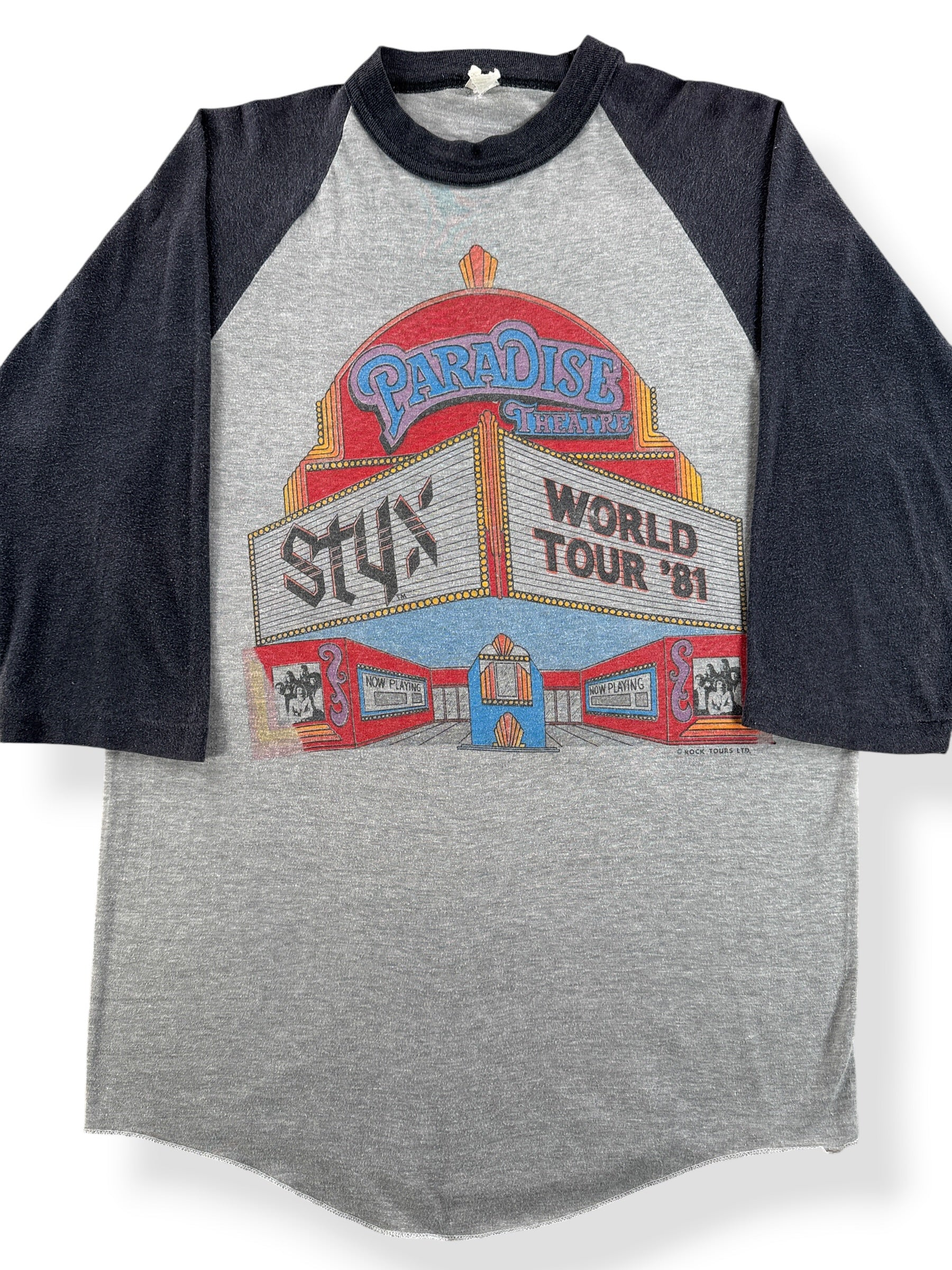 Front Close Up of Vintage Styx '81 World Tour Raglan Tee SZ L (Fits M)