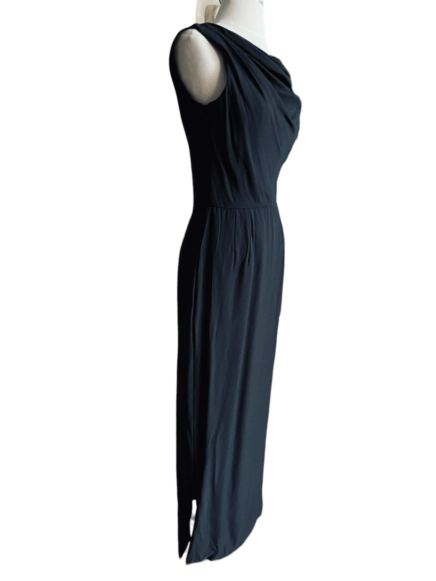 Full right side view of Vintage 1950s Alfred Werber Black Maxi Dress |  Barn Owl Vintage | Seattle Vintage Dresses