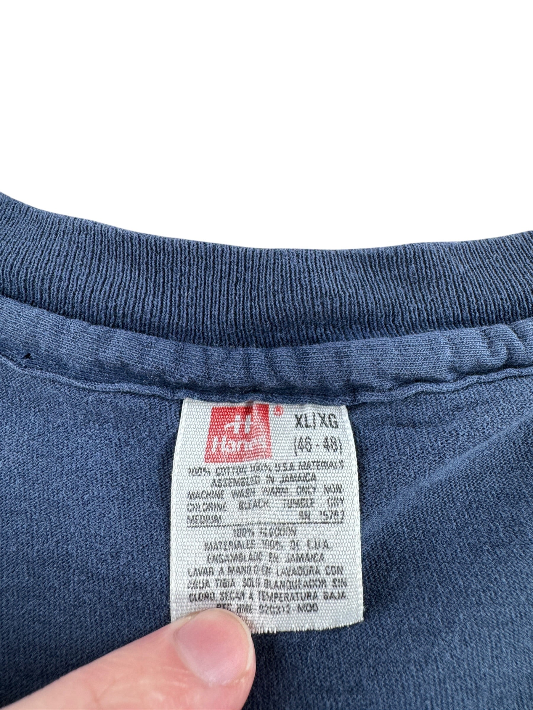 Tag on Vintage Hanes Fader Navy Blue Pocket Tee SZ XL