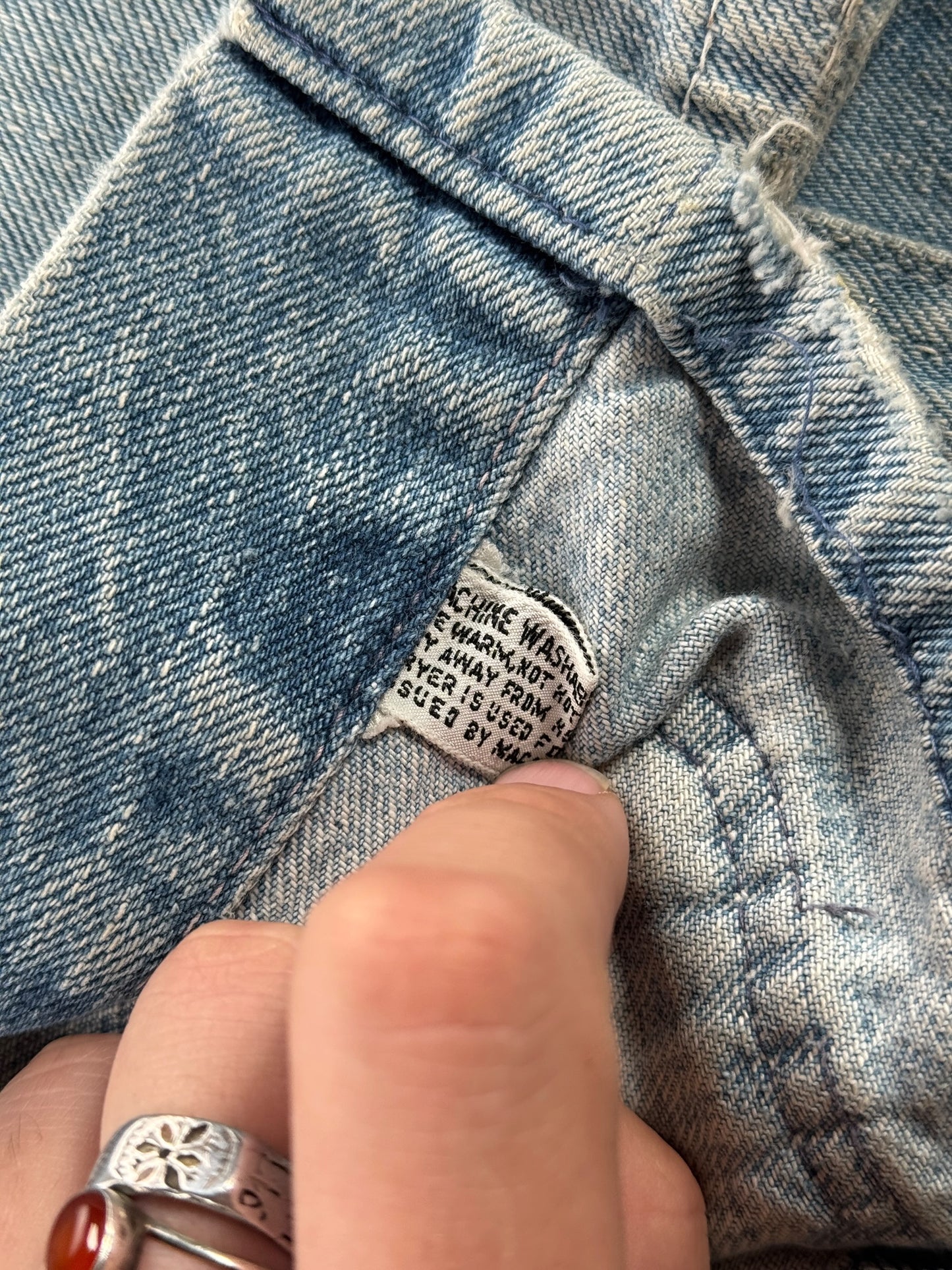 Front of inner care tag on Vintage 70s Two Tone Denim Chore Jacket SZ S