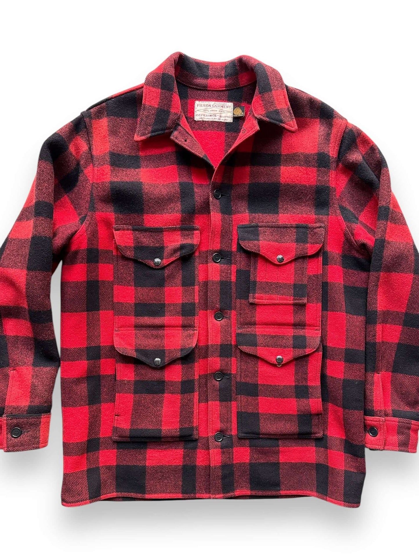 front close up of Filson 80's Red & Black Mackinaw Cruiser SZ XL