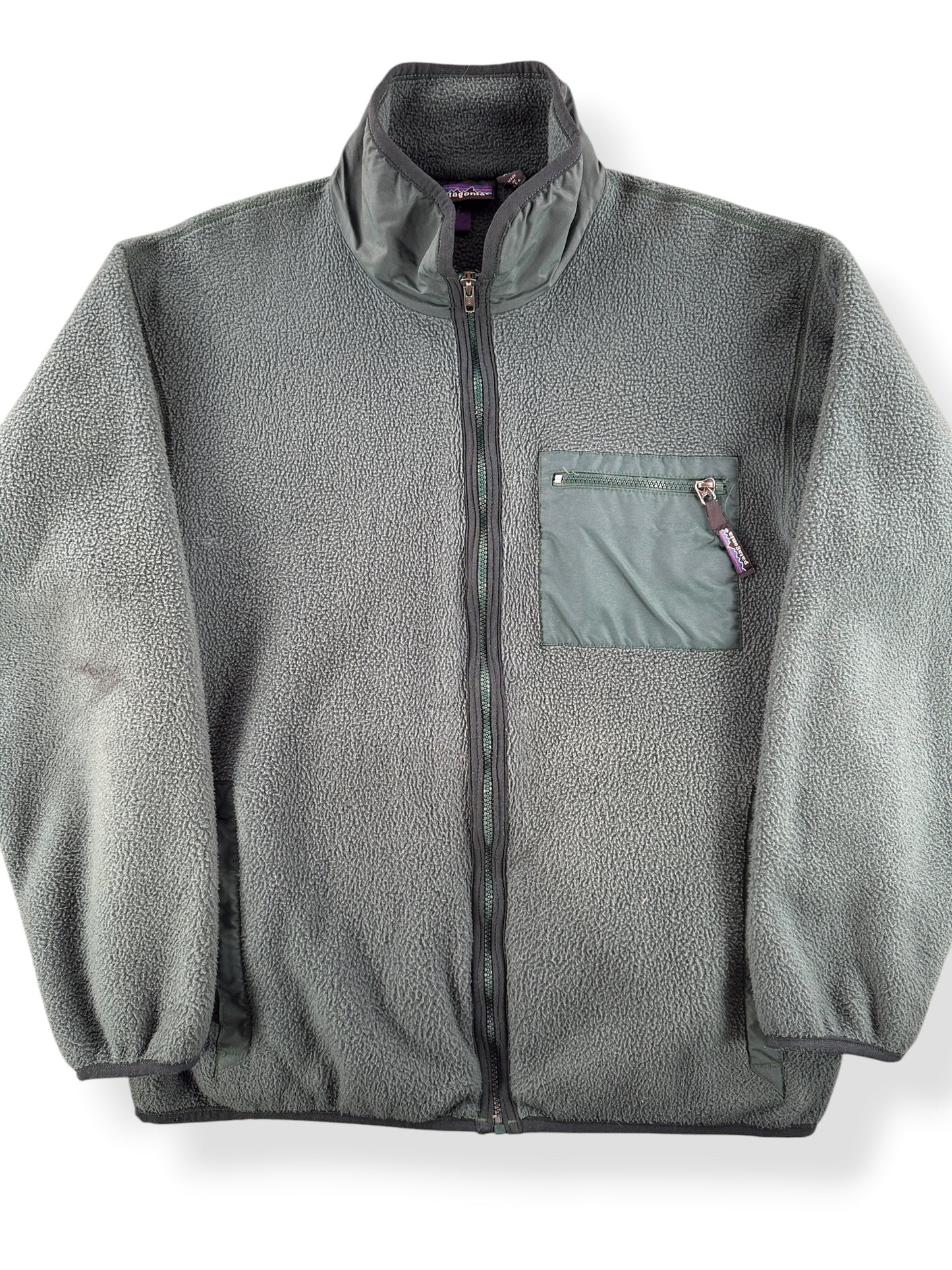 Front Close Up of Vintage Patagonia Green Synchilla Jacket SZ XL