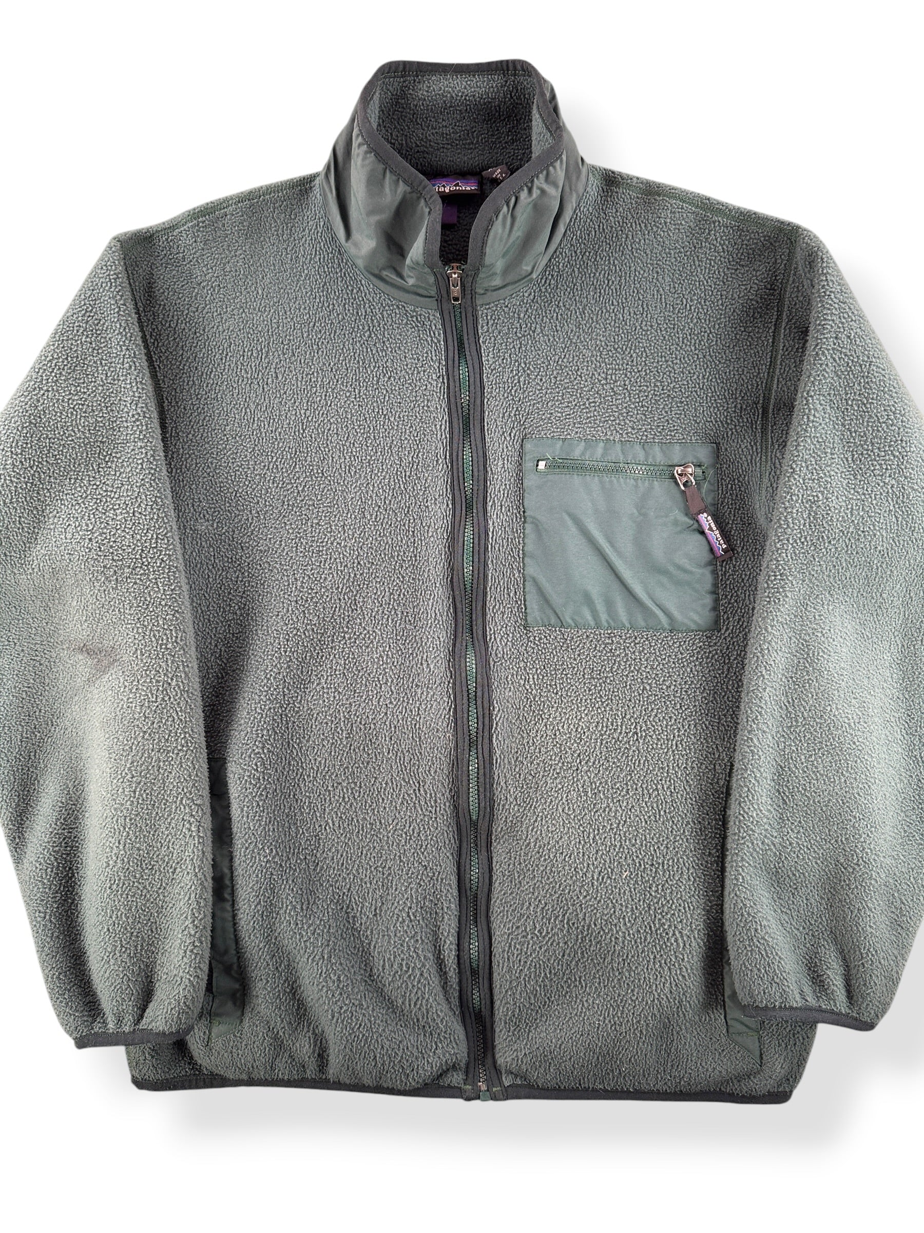 Front Close Up of Vintage Patagonia Green Synchilla Jacket SZ XL