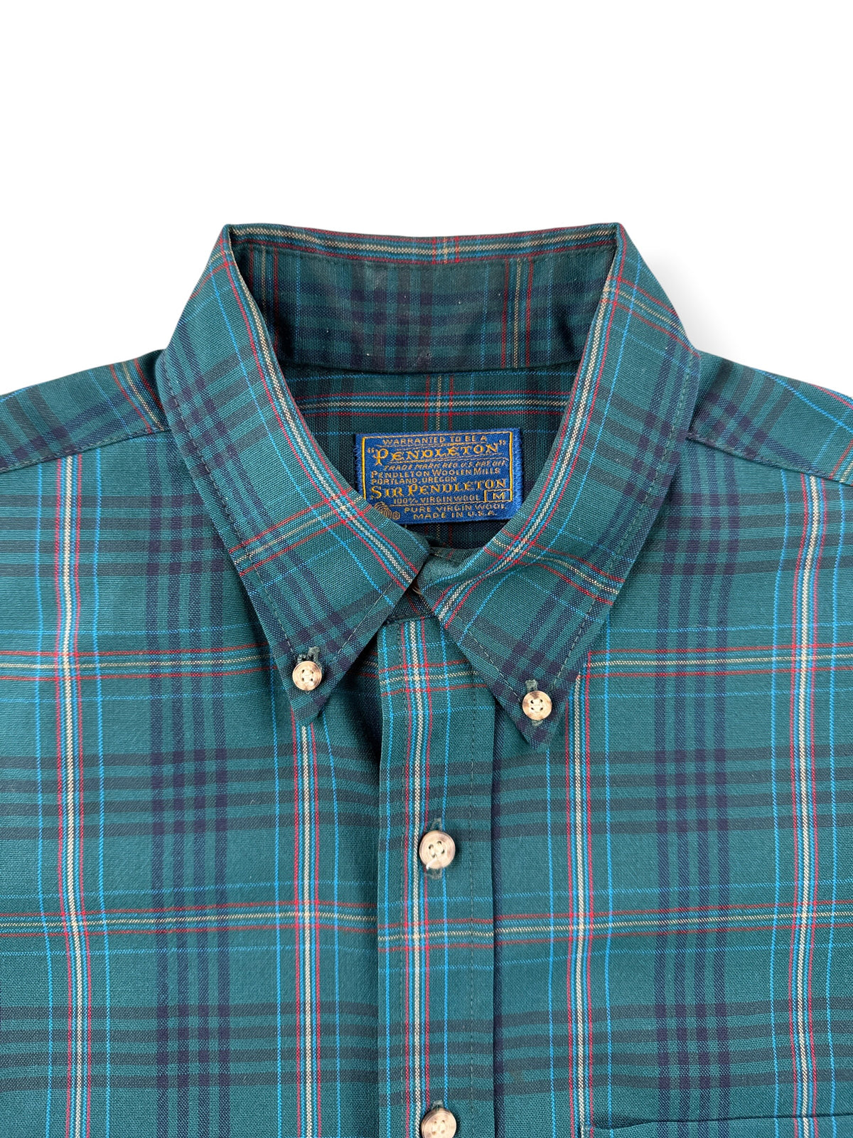 Collar on Vintage Sir Pendleton Green/Blue Plaid Button Down SZ M