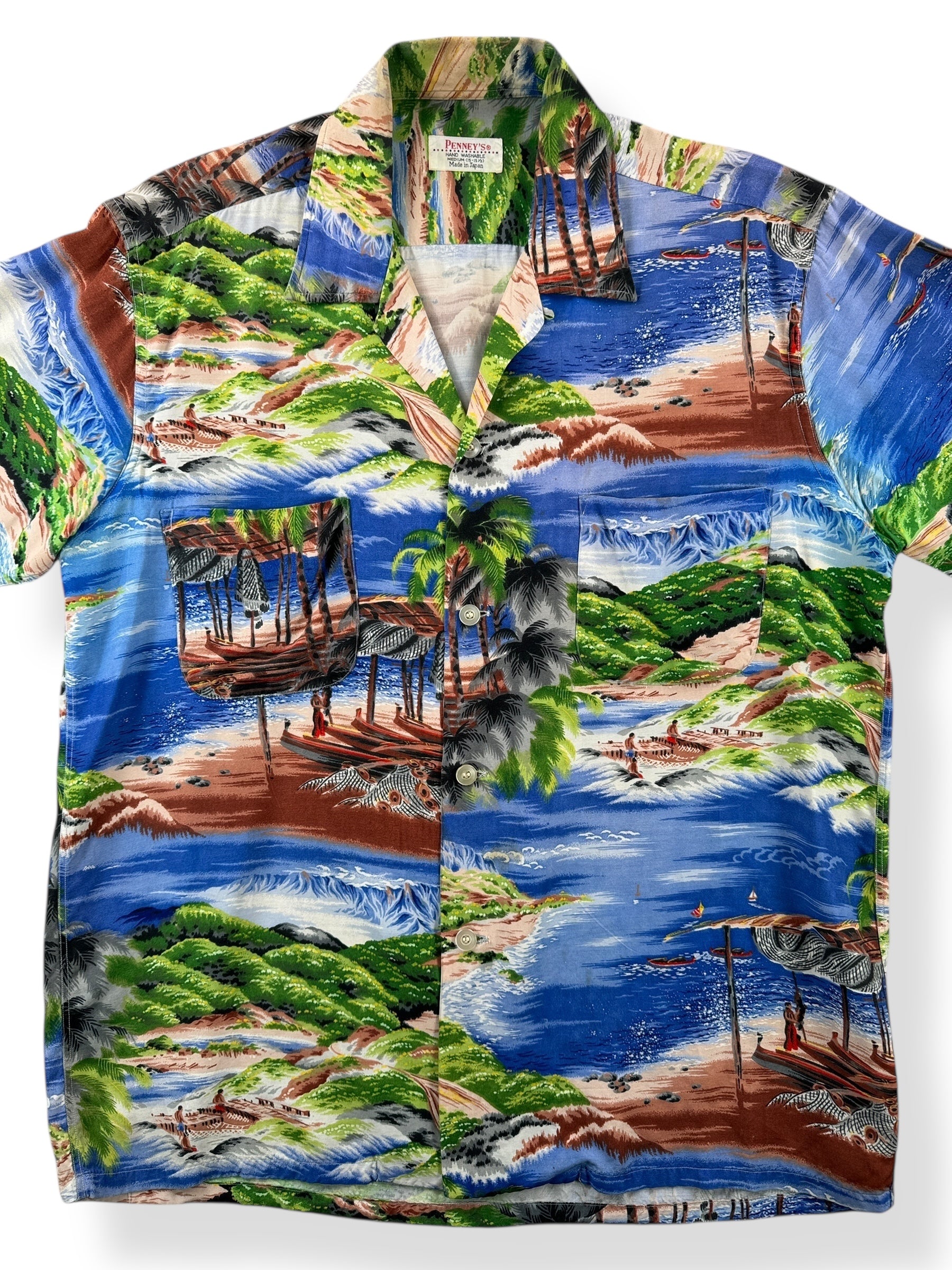 Front Close Up of Vintage Penney's Beach Scene Aloha Shirt SZ M