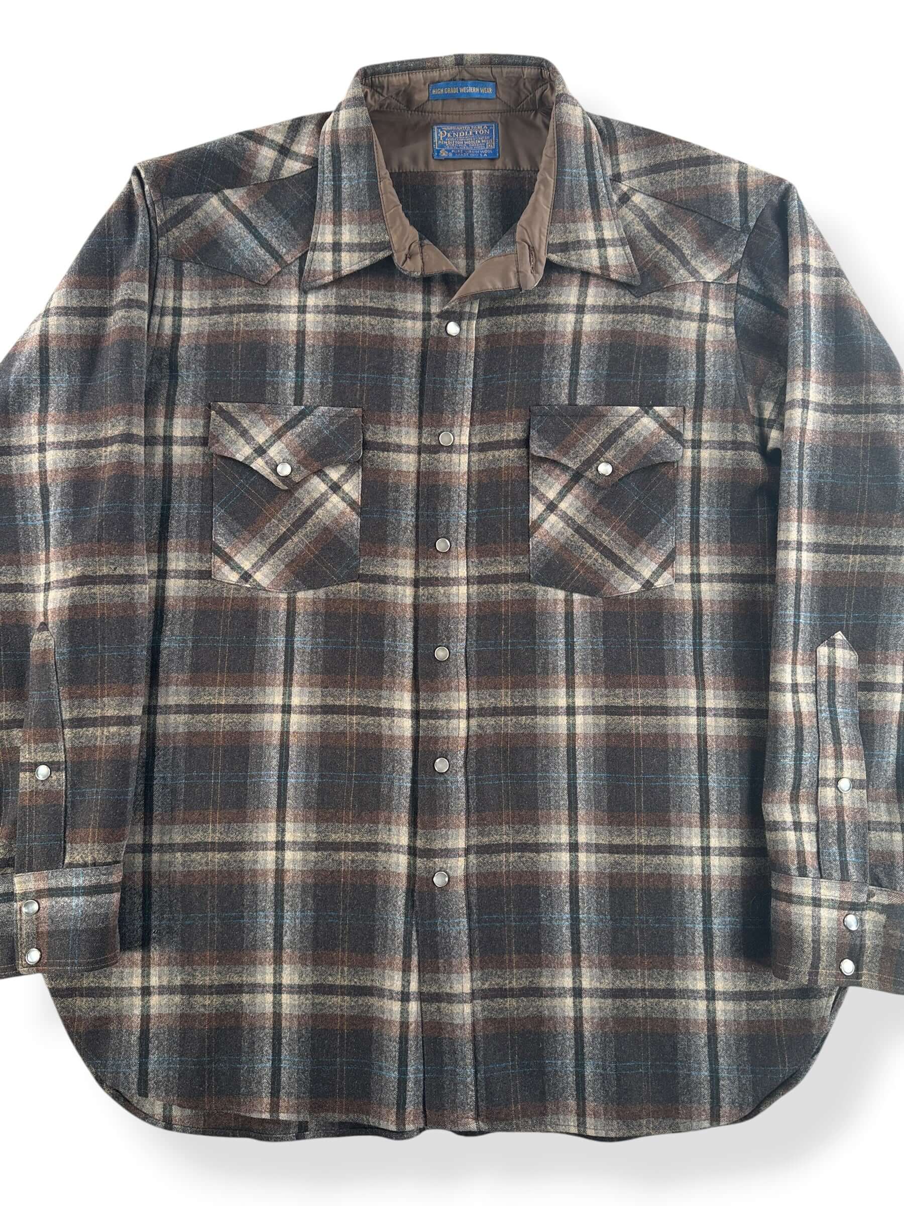 Front Close Up of Vintage Pendleton Western Wear Brown Pearlsnap Flannel SZ XL