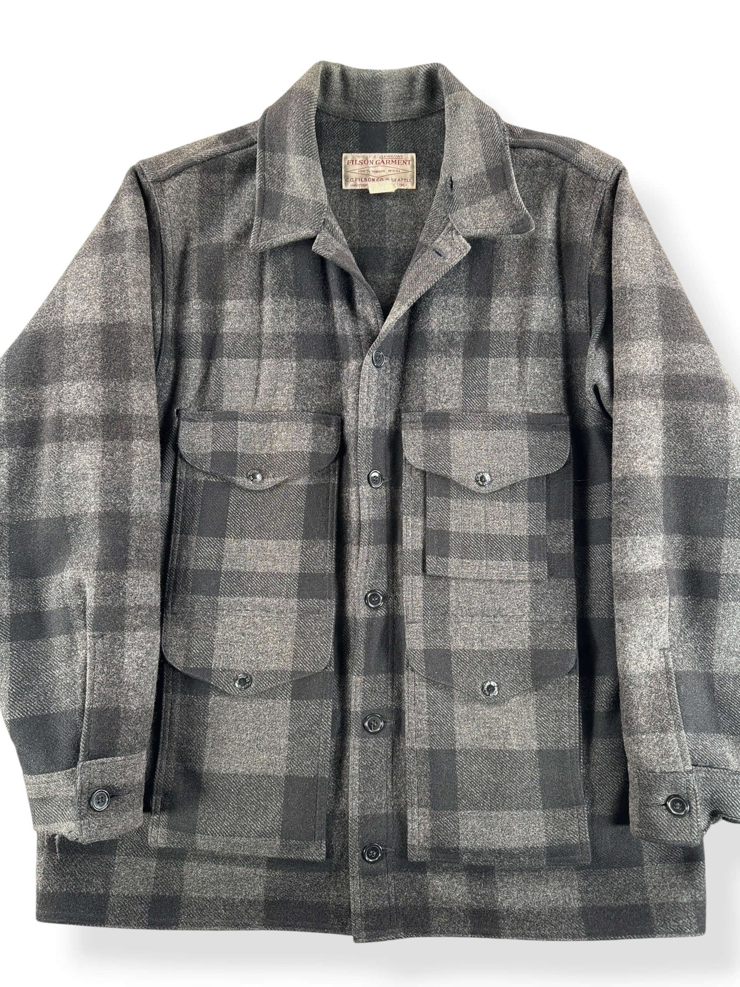 Front Close Up of Vintage 90s Era Filson Black & Charcoal Mackinaw Cruiser Jacket SZ XXL