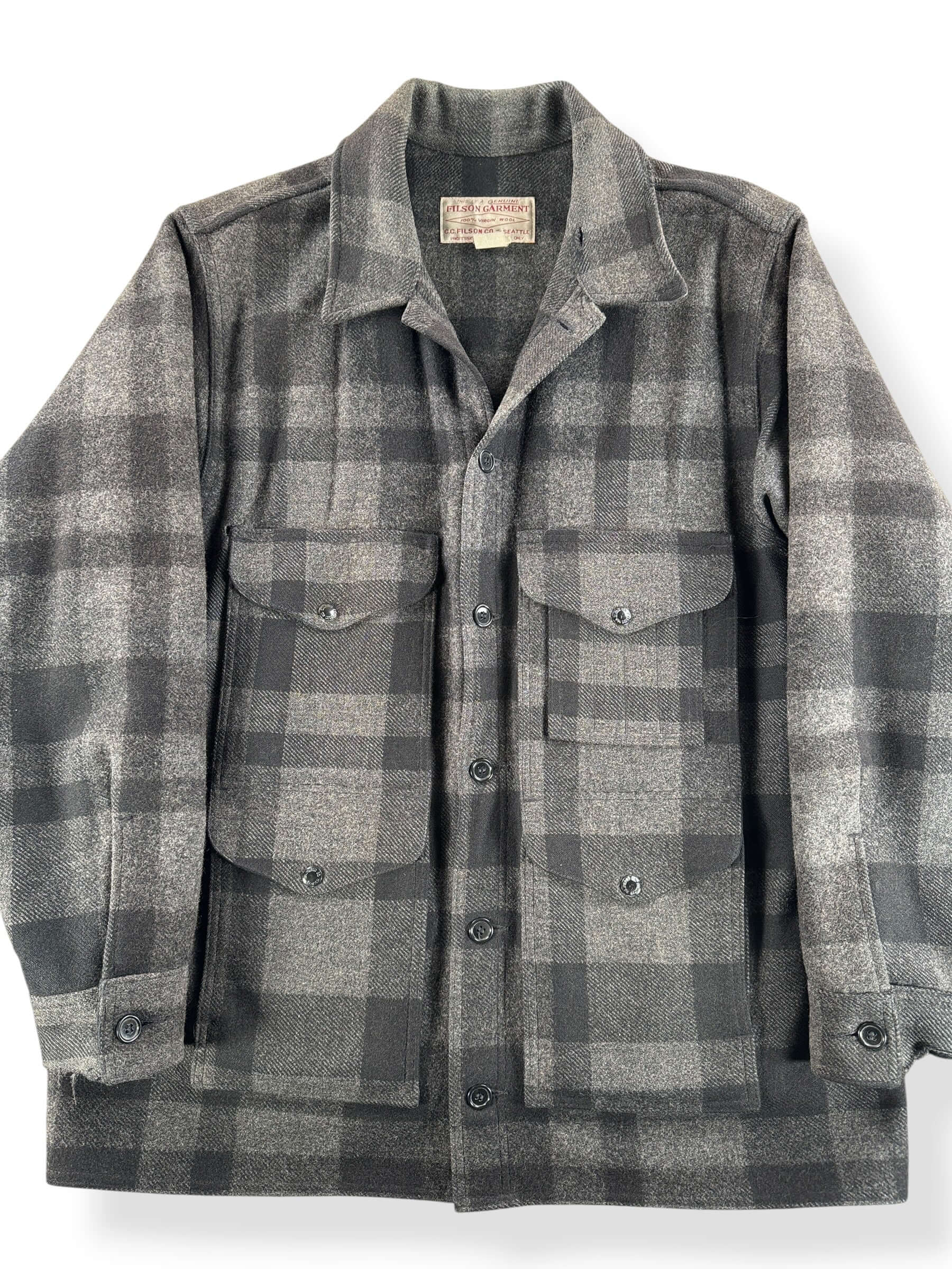 Front Close Up of Vintage 90s Era Filson Black & Charcoal Mackinaw Cruiser Jacket SZ XXL