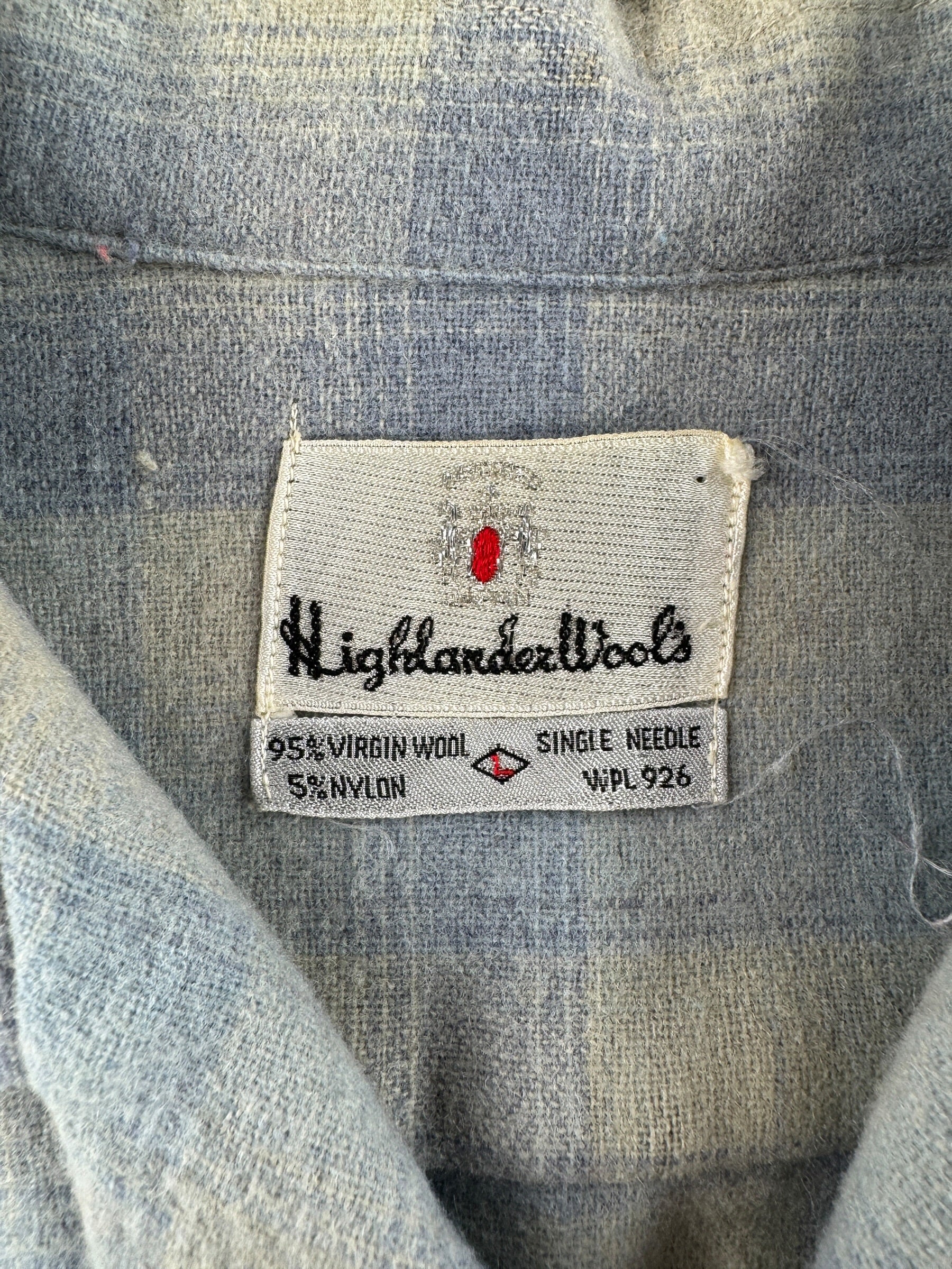 Tag on Vintage Highlander Woolen Mills Blue Plaid Flannel SZ L - AS IS