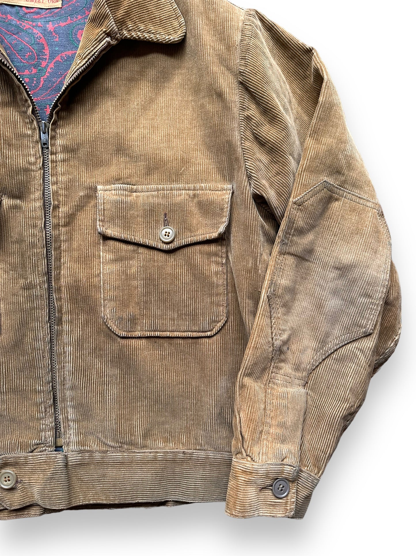 Elbow Detail on Left Sleeve of Vintage Meadowfield by Sweet Orr Corduroy Jacket SZ L | Vintage Corduroy Jacket Seattle | Barn Owl Vintage